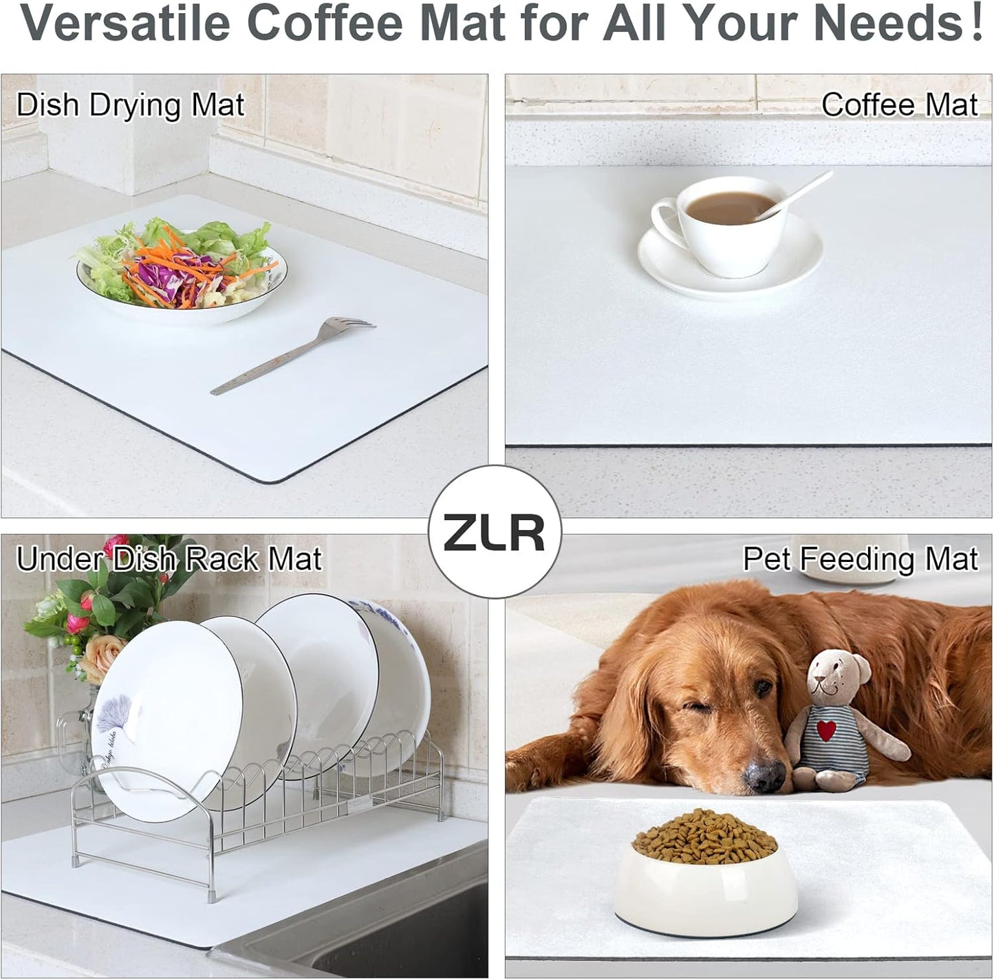 ZLR Coffee Mat - 16" x 24" Extra Large Kitchen Hide Stain Absorbent Dish Drying Mat for Countertop - Easy to Clean Coffee Bar Mat for Espresso Machine and Spill Protection - Milk White