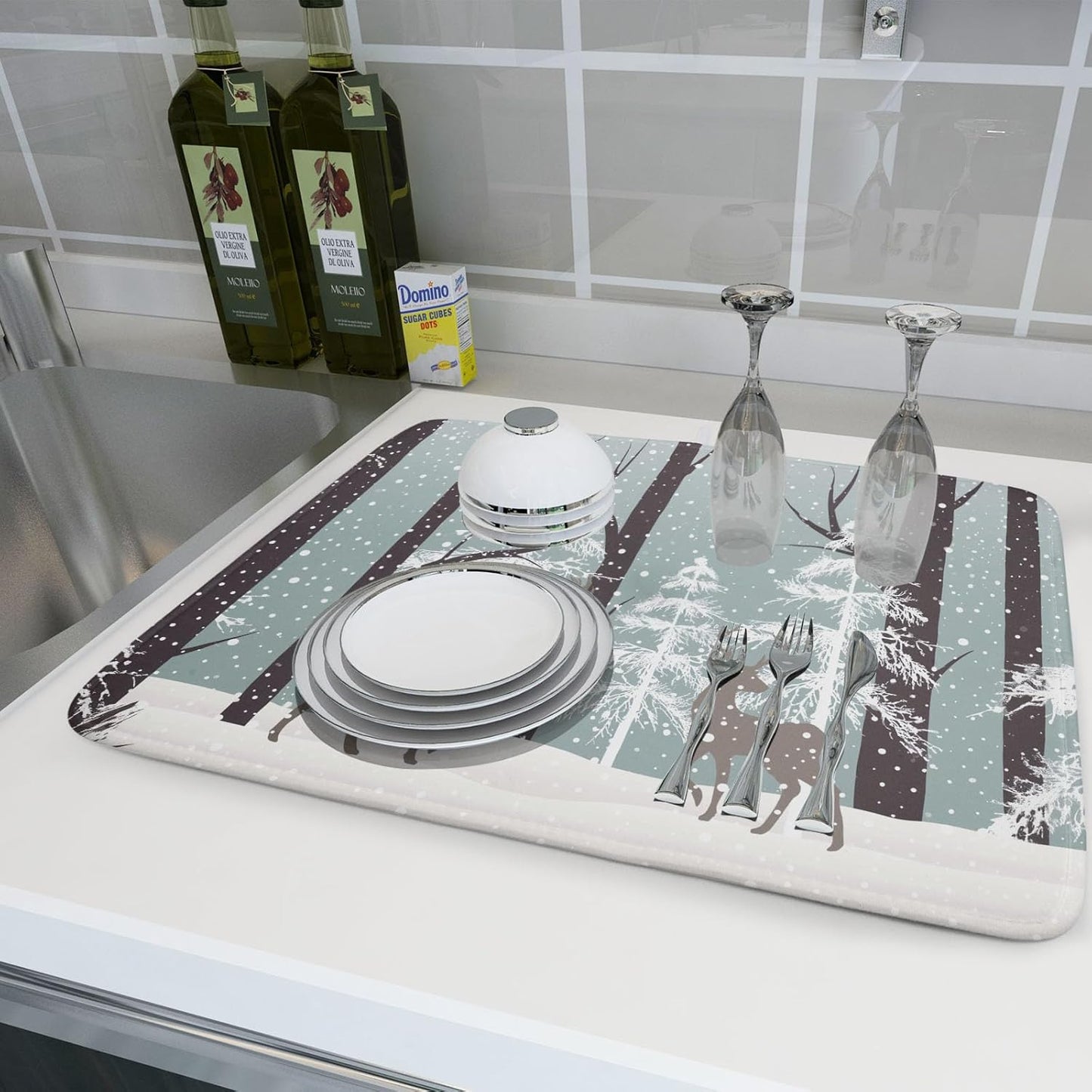 Winter Wildlife Deer Dish Drying Mat for Kitchen Counter,Xmas Landscape Snow Tree Ivory Drying Mat 18 x 24 Inch with High Absorbent Microfiber Drainer Mat for Coffee Bar
