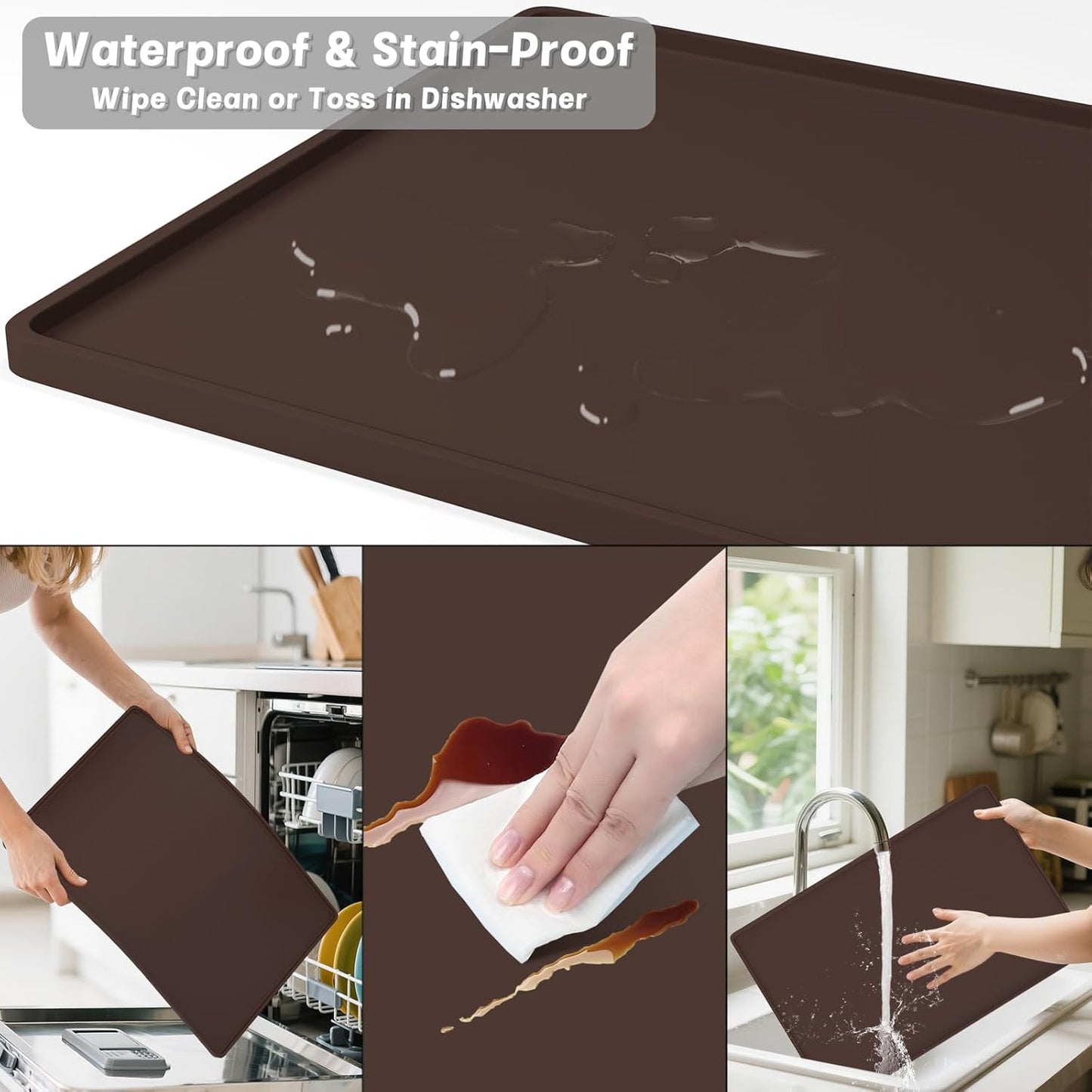 Rnivvi Silicone Coffee Mat, 16" x 24" Waterproof Raised Edge Coffee Bar Mats for Espresso Machine Station Accessories, Heat Resistant Detachable Dish Drying Pad for Kitchen Counter, Dish Rack, Brown