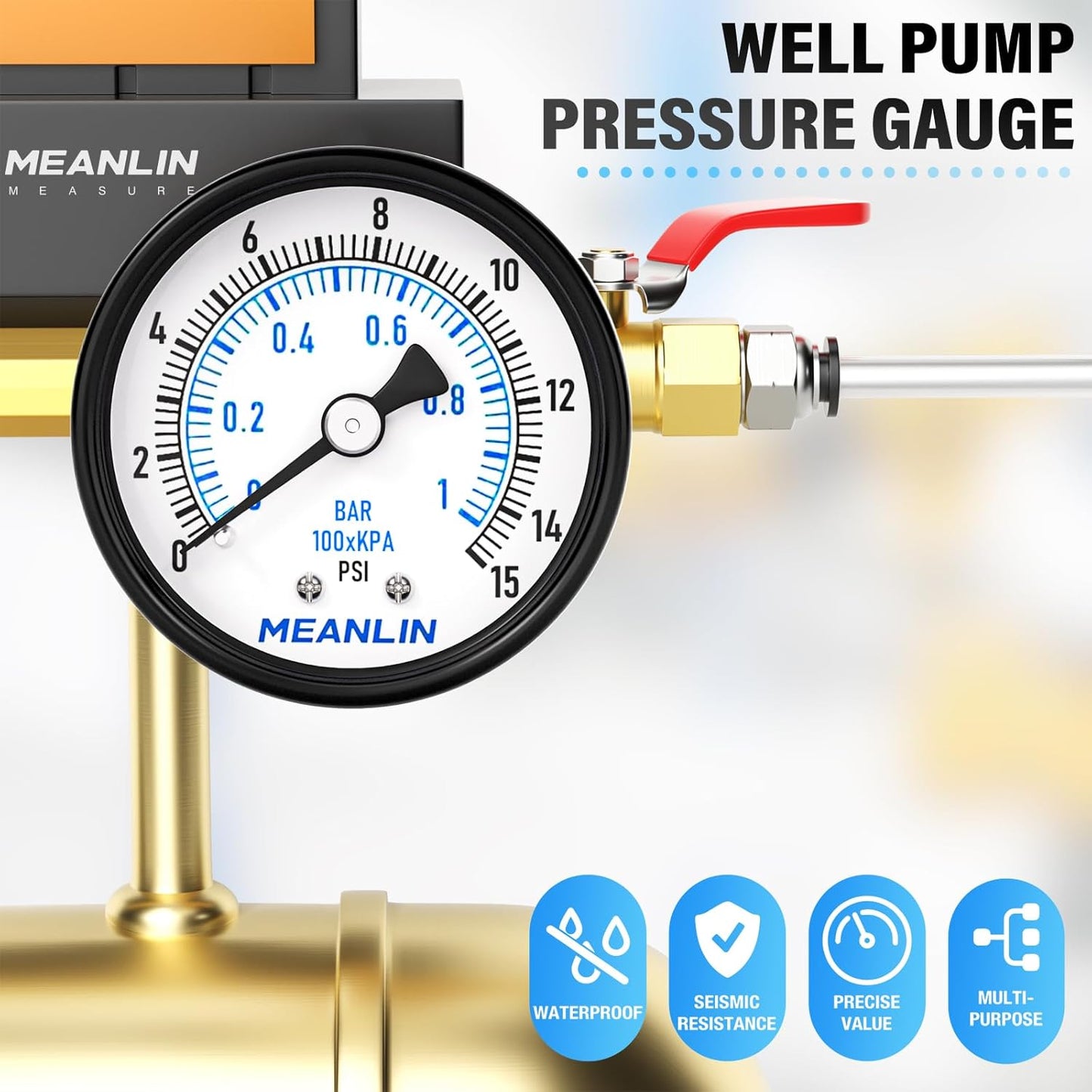 MEANLIN MEASURE 0-15Psi 2" DIAL FACE 1/4" NPT Well Pump Pressure Gauge, with 1/2" NPT and 3/8" NPT Hex Bushing, 3-2-3% Accuracy, Center Back Mount