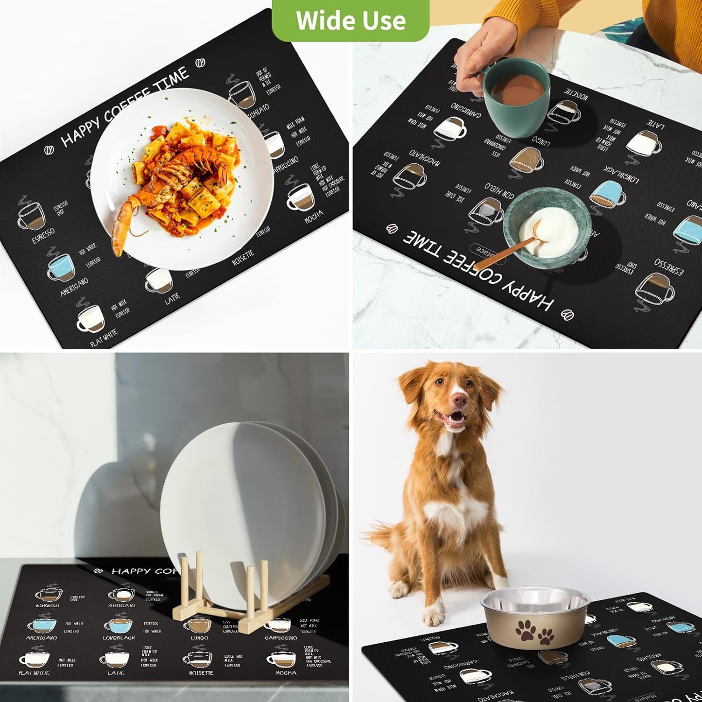 Matace Designer Coffee Bar Mat, Extra Large 17 x 31.5 Inches, Rubber Backing, Absorbent Coffee Maker Mats for Dish Drying, Kitchen Countertop, Coffee Flavor Menu, Black