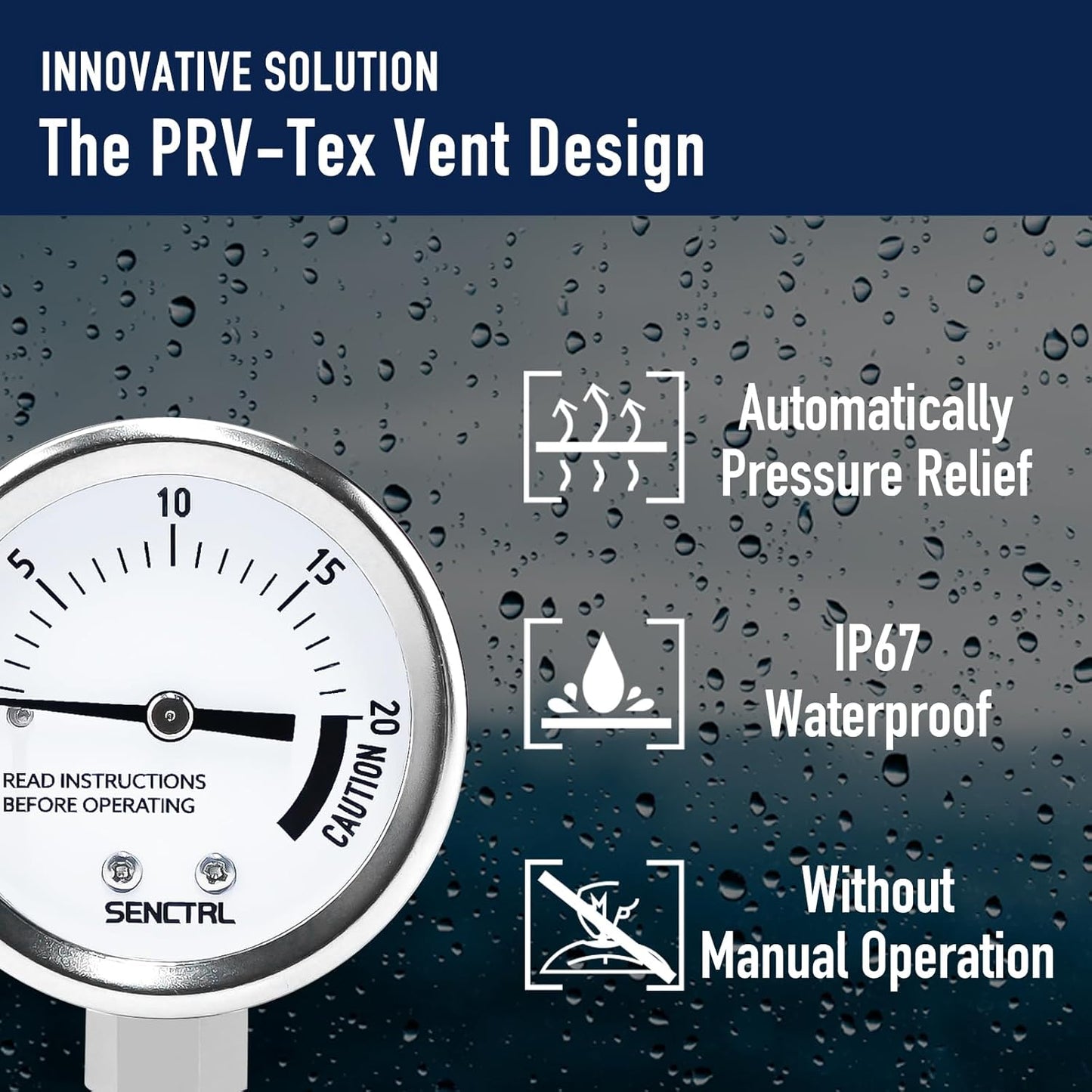 SENCTRL 20 Psi Pressure Cooker Gauge Replacement Part, 2" Dial Size, Stainless Steel Case, 3/8" UNC Male Lower Mount, Waterproof, with Gasket, Metal Washer and Nut, for Steam Canner, Pressure Cooker