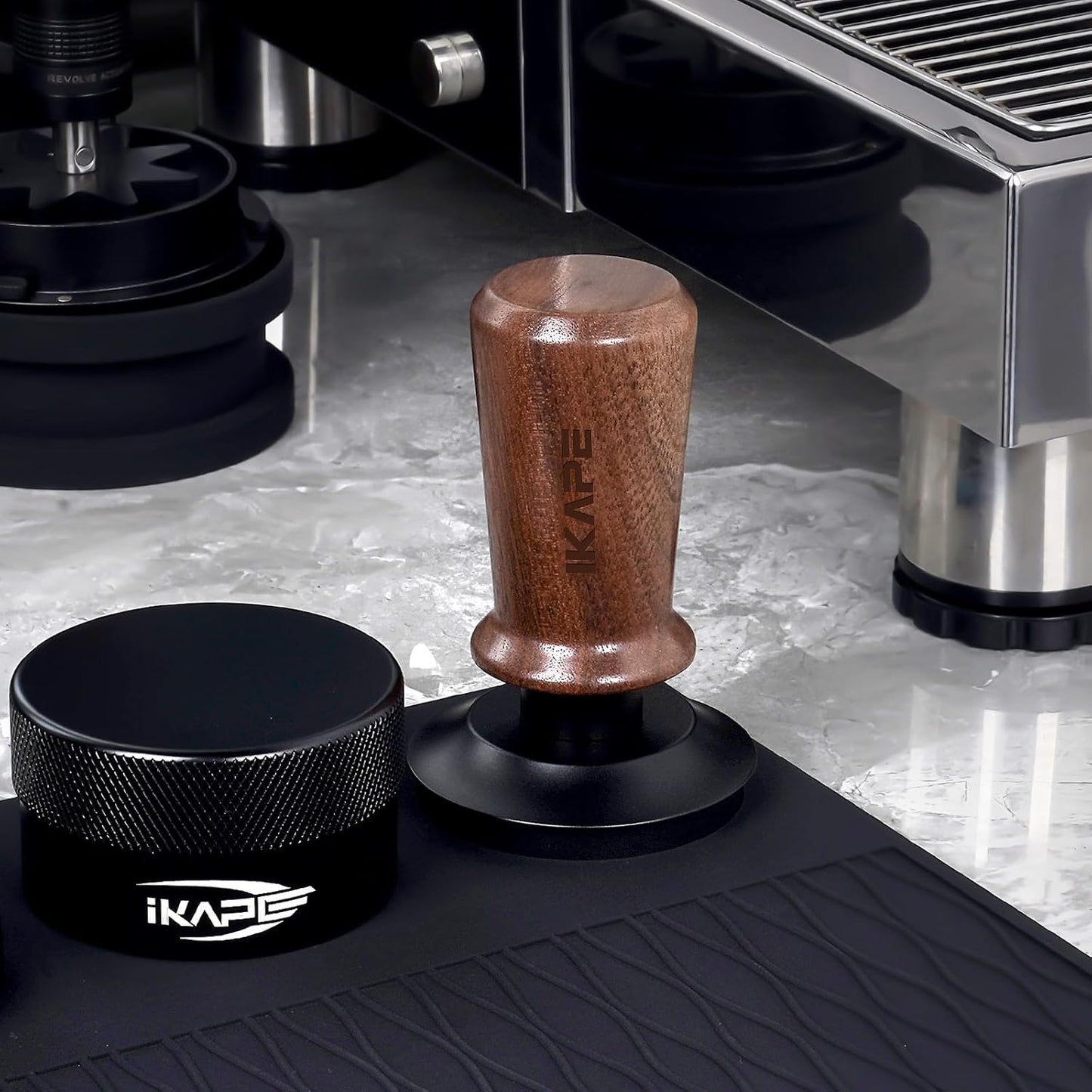 IKAPE 51mm Espresso Tamper, Spring-loaded Calibrated Tamper with Walnut Handle, Titanium Ripple Plating Base, Fits for 51 Espresso Machine Bottomless Portafilter
