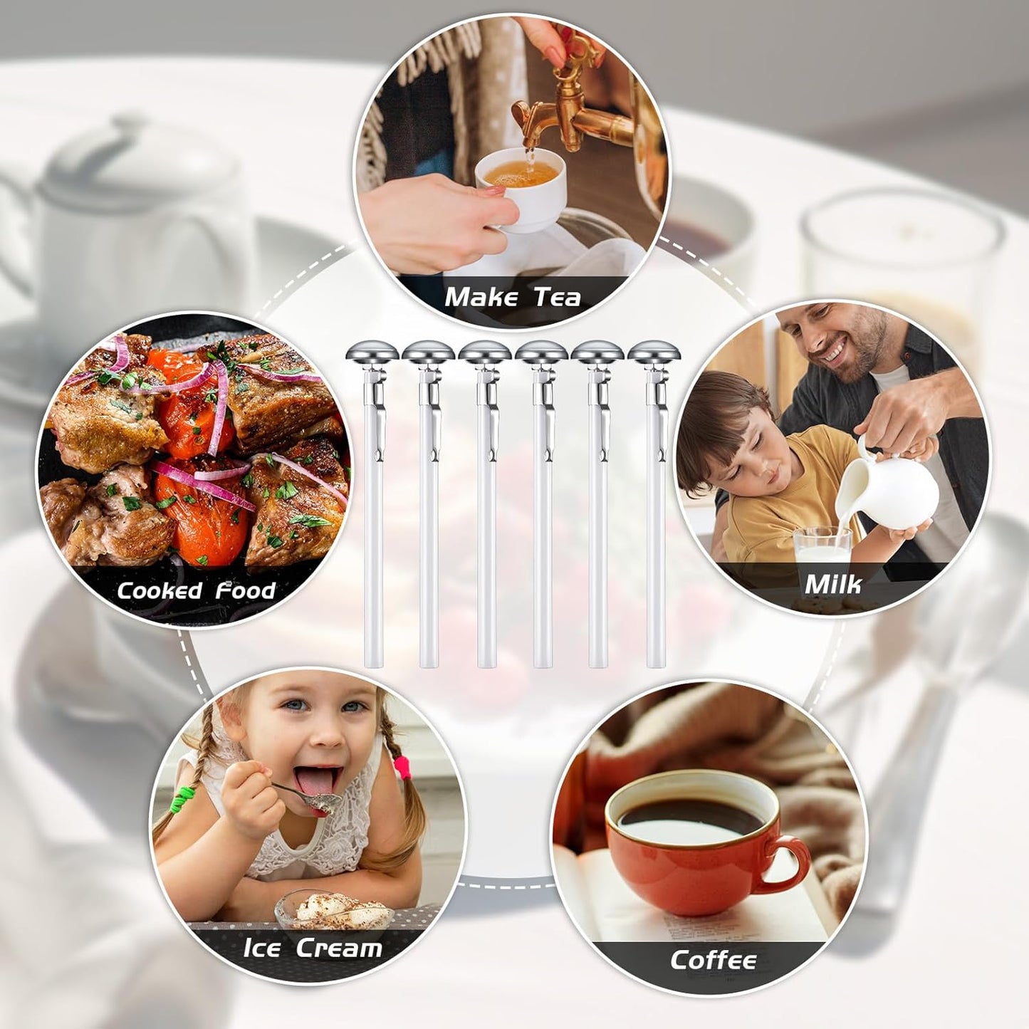 Xuhal 6 Pcs Stainless Steel Kitchen Thermometer with 5 Inch Long Stem 1 Inch Dial Thermometer Milk Frothing Food for Oven Probe Meat Grill BBQ Cooking Chocolate Water(White)