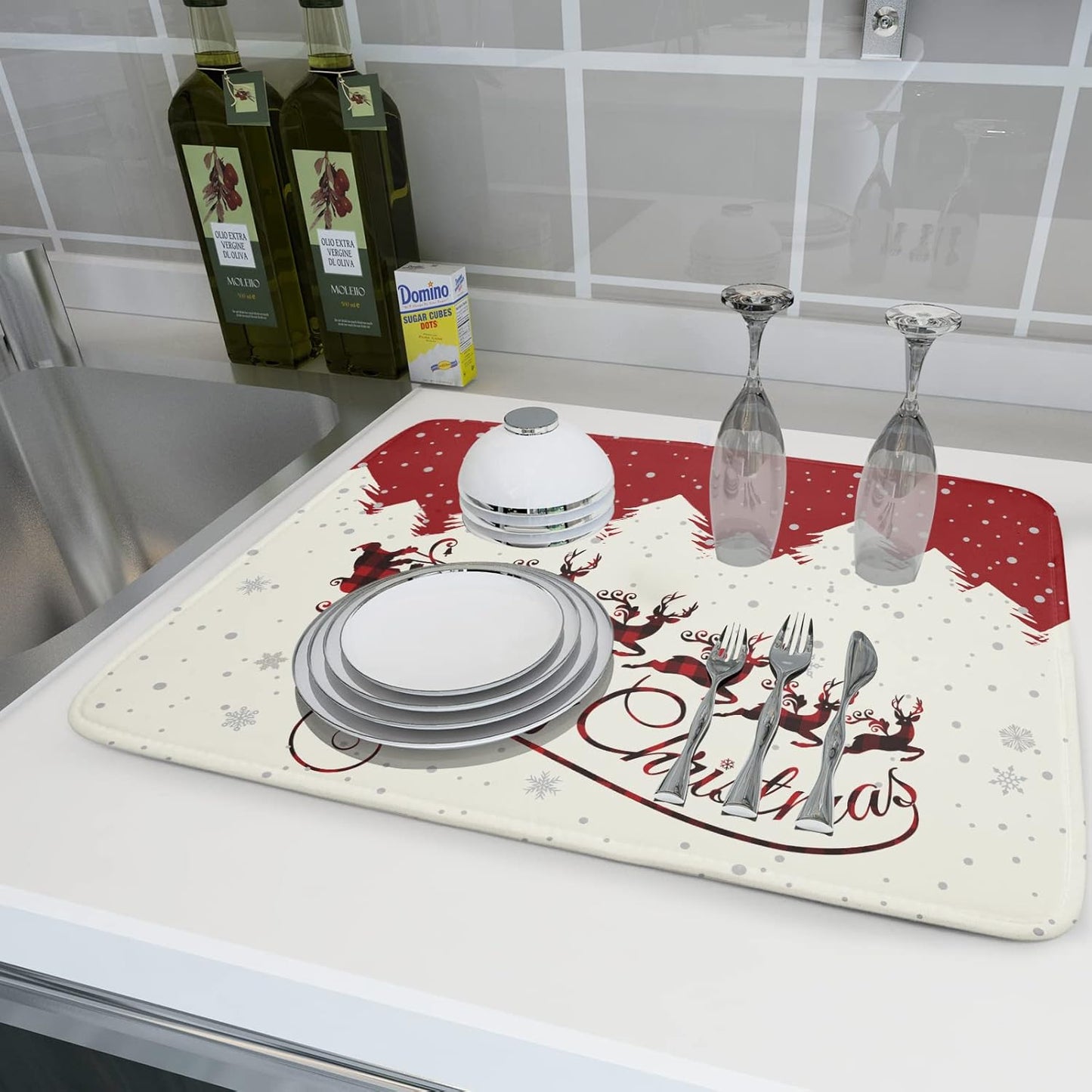 Christmas Moose Dish Drying Mat 18x24 for Winter Santa Claus Kitchen Counter Decor Absorbent Reversible Microfiber Deers Animal Dishes Pad Dish Drainer Rack Mats Kitchen Accessories