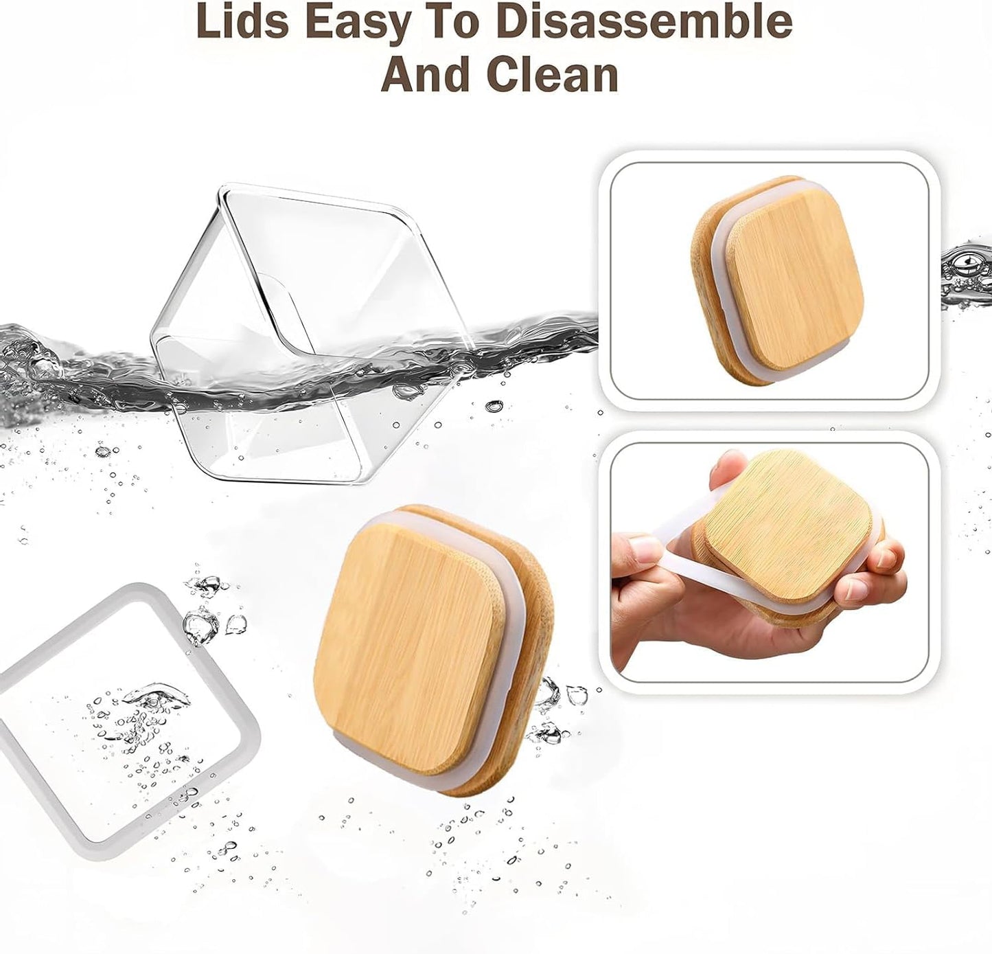 Square Storage Containers with Lids, Clear Food Storage Container Jar with Sealing Bamboo Lid for Noodles Flour Cereal Rice Sugar Tea Coffee Beans