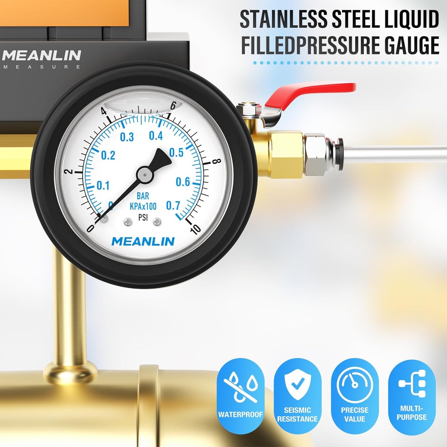 MEANLIN MEASURE 0~10Psi Stainless Steel Liquid Filled Pressure Gauge 1/4" NPT 2.5" FACE DIAL with Rubber Protective Sleeve, Center Back Mount