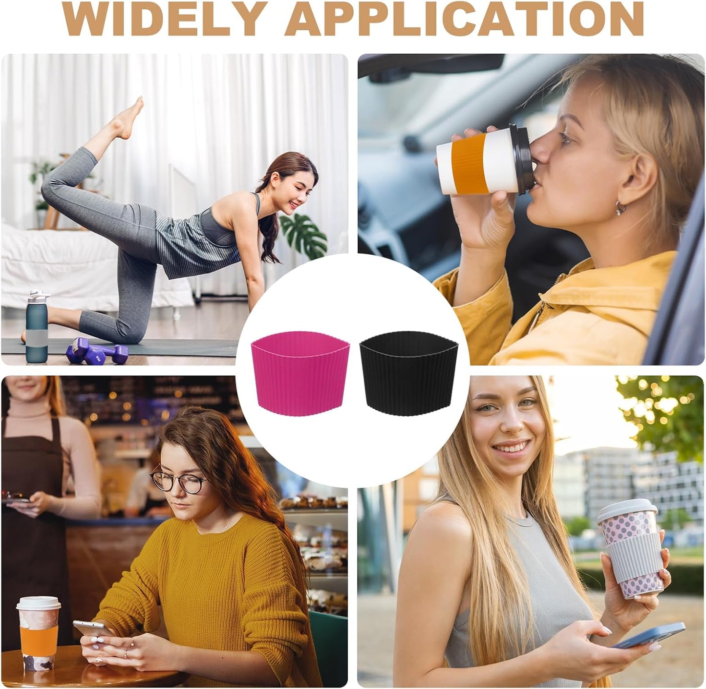 uxcell 6Pack Coffee Cup Sleeves, Reusable Silicone Heat Resistant Cup Protective Sleeve Nonslip Mug Protector Cover for Home Travel Coffee Mug Glasses Water Bottle Boots, Rose Red/Black