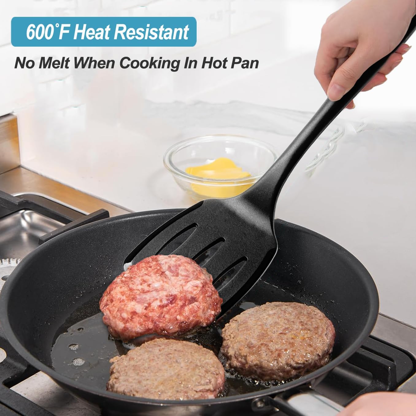 600˚F Heat Resistant Silicone Spatula Set, 13.6" Kitchen Spatula Turners for Non Stick Cookware, Flexible Spatulas with Thin Edges, Seamless Cooking Utensils for Fish, Eggs, Pancakes, BLACK