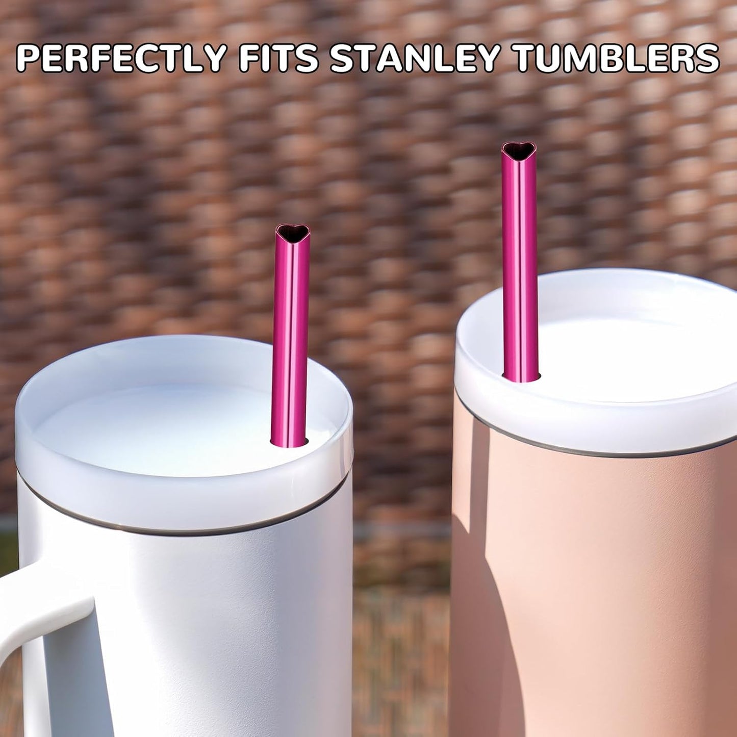NiHome 10-Pack Heart-Shaped Stainless Steel Drinking Straws with 2 Cleaning Brushes, 12" Long Reusable Straws for Stanley Tumbler 30oz 40oz, Dishwasher Safe, Safe Edges for Kids (Pearl Hot Pink)