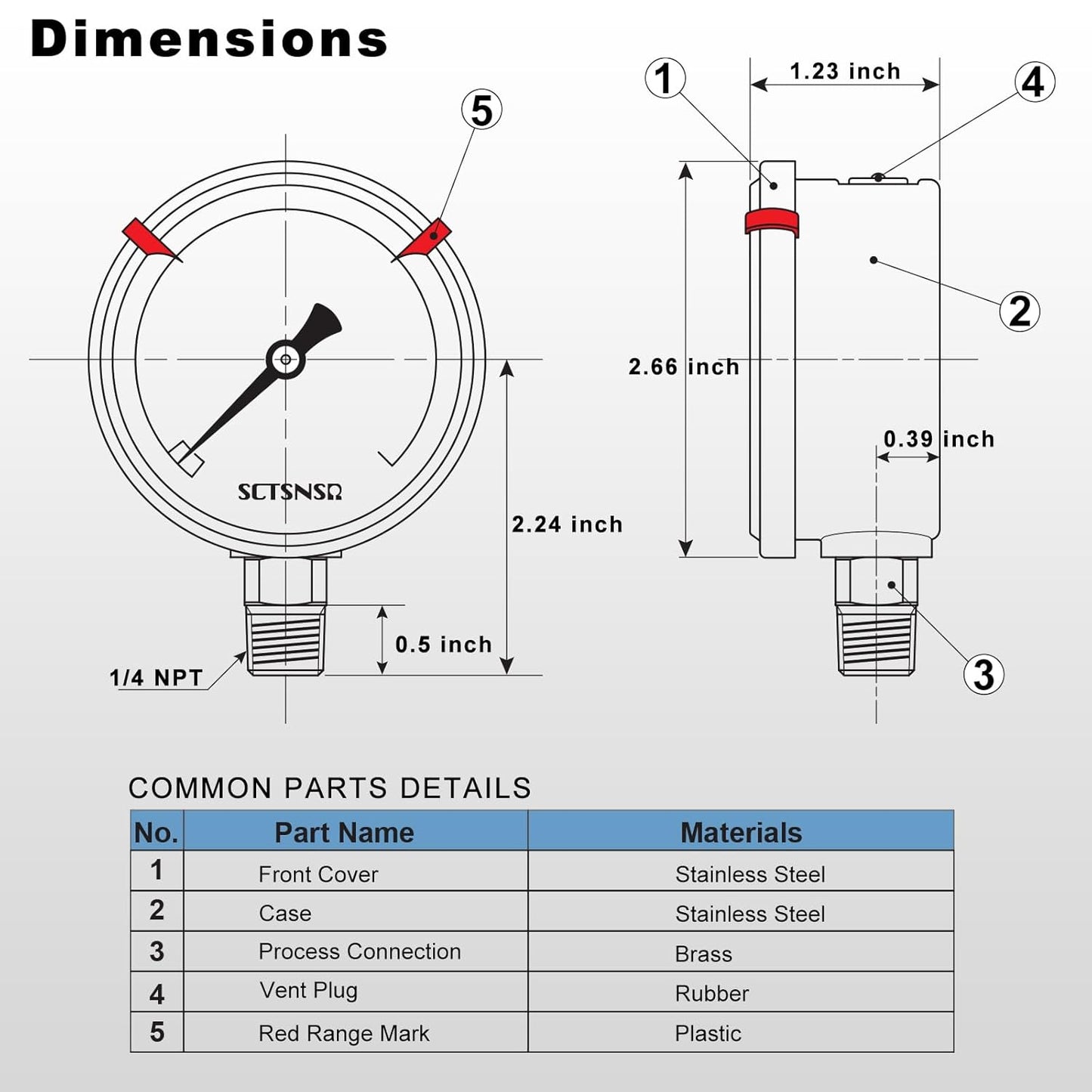 0 to 15 Psi Pressure Gauge, Glycerin Liquid Filled, 2.5 inch Dial, 1/4" NPT Lower Mount, Stainless Steel Case, for ATV Tire, HVAC Pipe, Well Tank, Fuel, Coolant, Nitrogen, Low Pressure Test