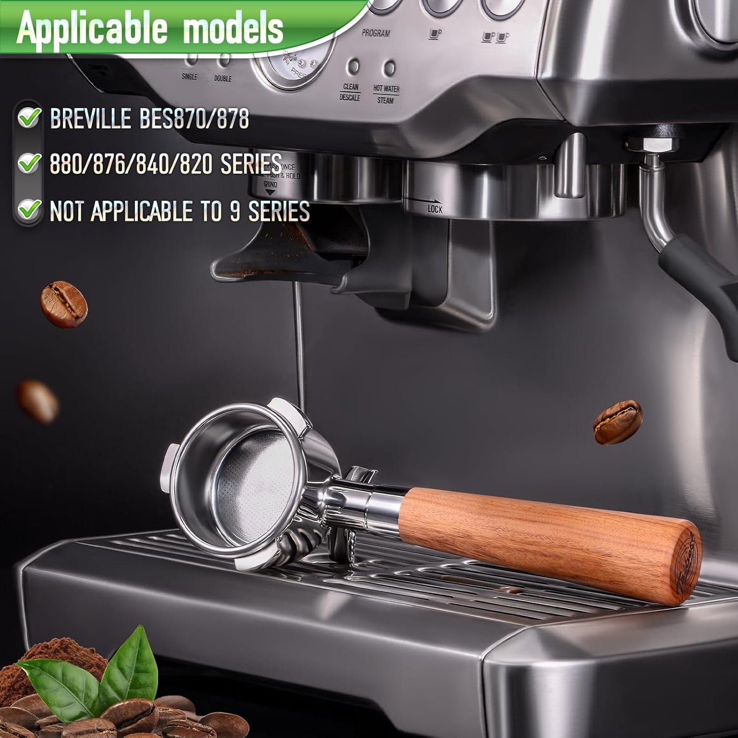 54mm Portafilter for Breville BES870/878/880 Series, Dual Spout Espresso Handle with Siam Rosewood Grip & 304 Stainless Steel Basket