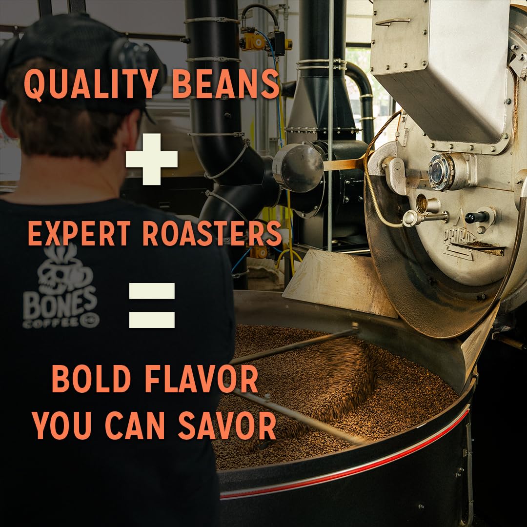 Bones Coffee Company Bananas Foster, Banana, Rum and Vanilla Flavored Coffee, Medium Roast Low Acid Arabica Beans Compatible with Auto drip and French Press Coffee Maker, 12 Oz Ground