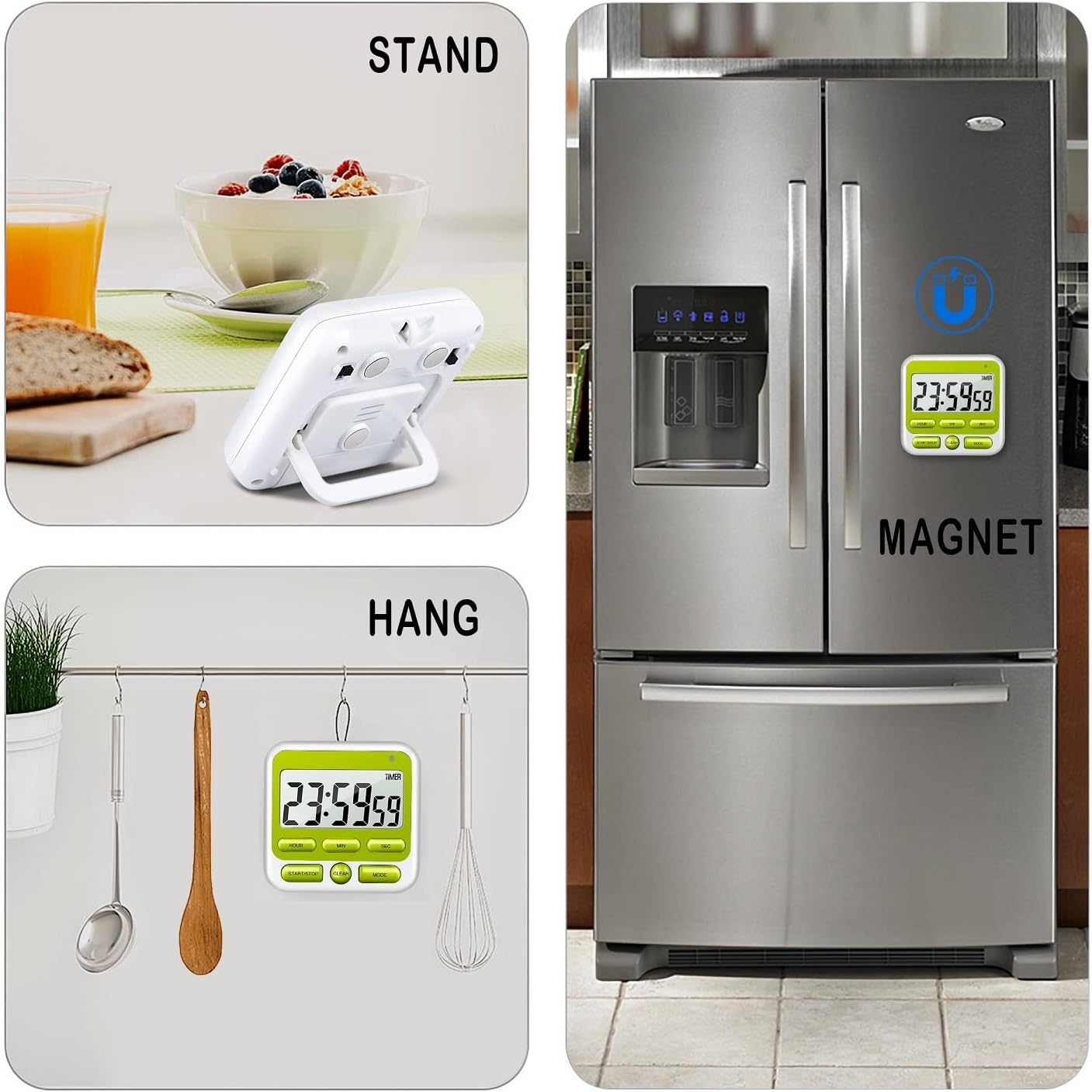 KTKUDY Digital Kitchen Timer with Mute/Loud Alarm Switch ON/Off Switch, 12 Hour Clock & Alarm, Memory Function Count Up & Count Down for Kids Teachers Cooking, Large LCD Display, Strong Magnet (Green)