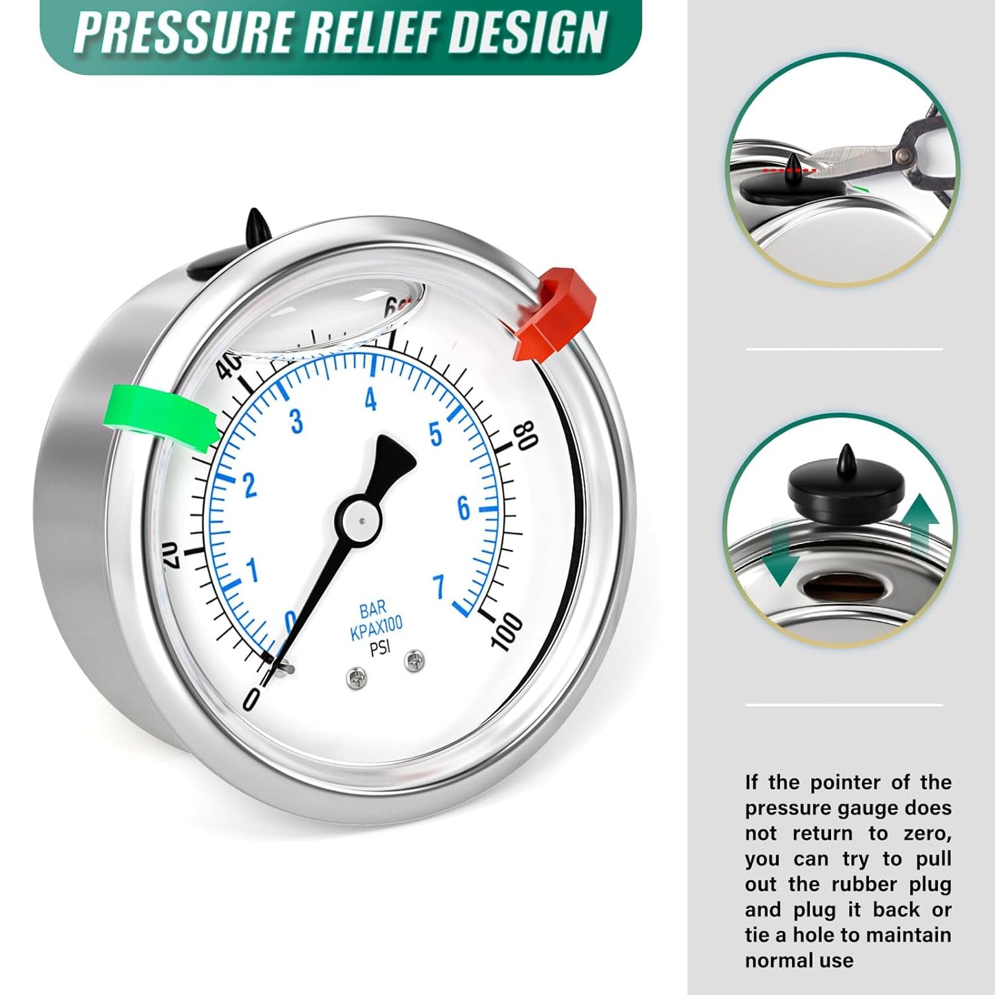 0-100psi Stainless Steel Glycerin Liquid Filled Pressure Gauge 1/4" NPT 2.5" Face Dial Center Back Mount, for Water, Oil and Air Pressure Testing (with Range Mark Pointer)