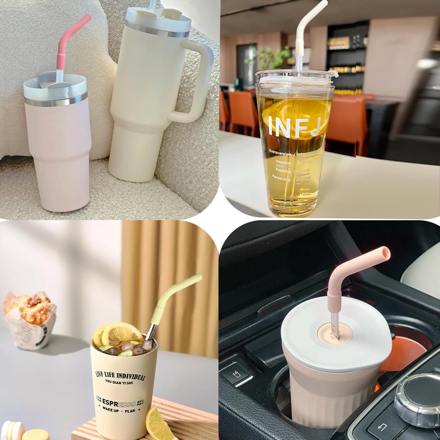 6 Pcs Reusable Color Silicone Straw Tips with 6 Pcs Clear Plastic Straws Compatible with Stanley 40/30 oz Cup Tumbler 8mm Drinking Long Straws with Flex Elbow Silicone Covers, 1 Cleaning Brush