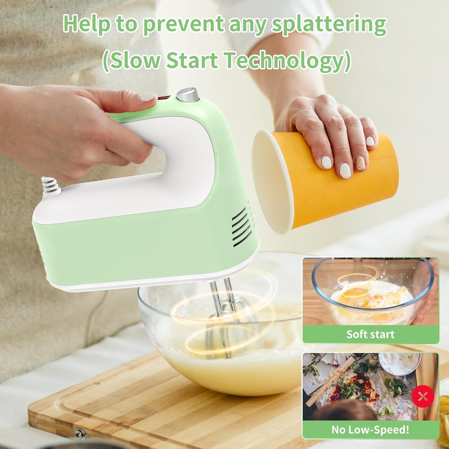 CBQ Hand Mixer Electric, 9 Speed 400W Handheld Mixer with Digital, Touch Button, Turbo, Snop-On Storage Case, 5 Stainless Steel Accessories, Mixer Electric Handheld for Cake, Cookie, Egg (Grass Green)