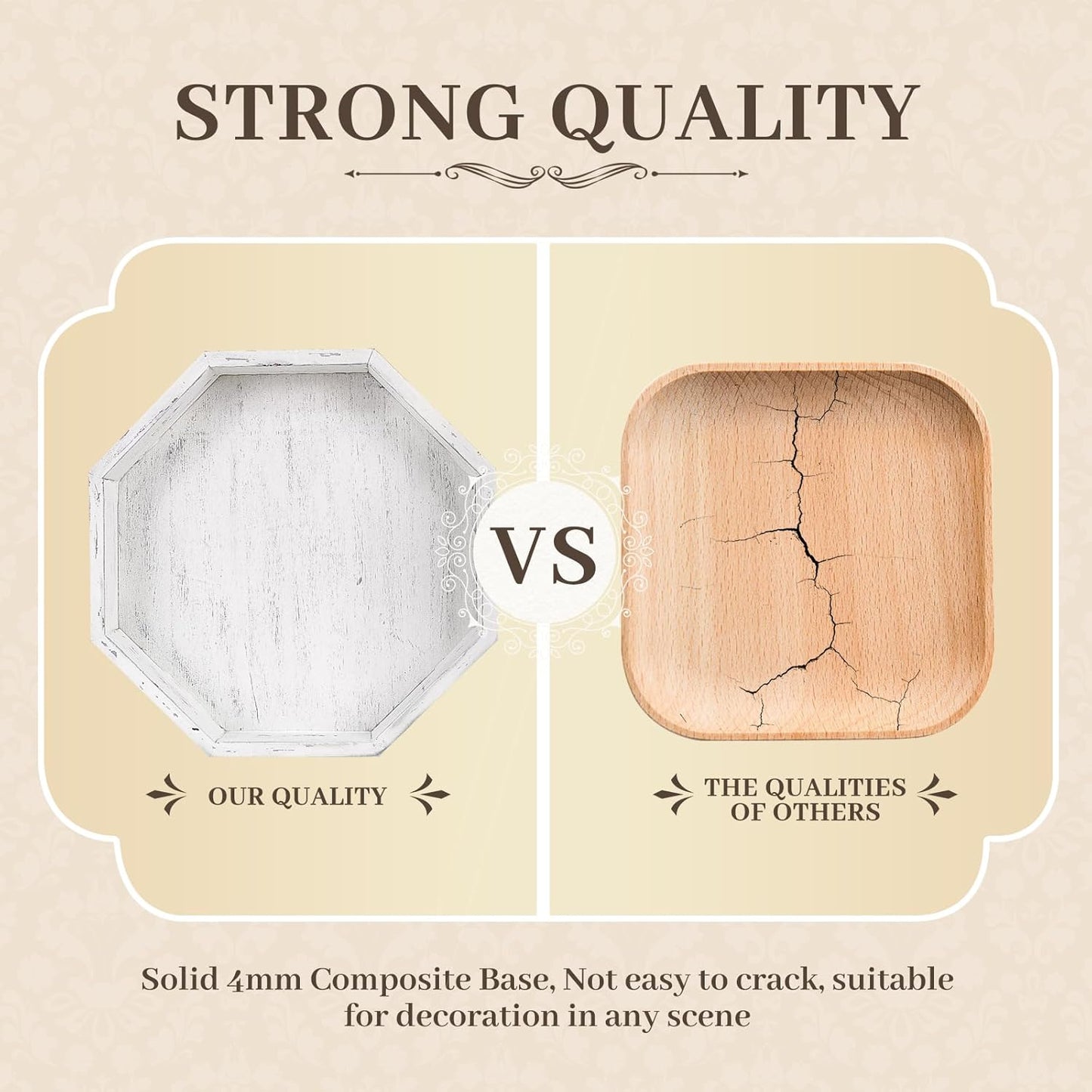 Wooden Decorative Tray, Small Serving Tray with Wood Bead, Farmhouse Big Tray for Ottoman, Countertop, Coffee Tabl, 13" x 13"x 1.6" (Retro White)