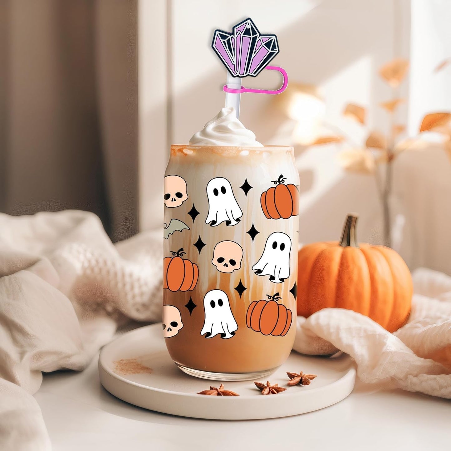 16PCS Halloween Straw Toppers for Stanley Cup, Cute Silicone Skull Ghost Straw Covers Cap Compatible with 30&40oz Tumbler with Handle,10mm 0.4in Dust-Proof Reusable Tips Lids for Halloween Gifts