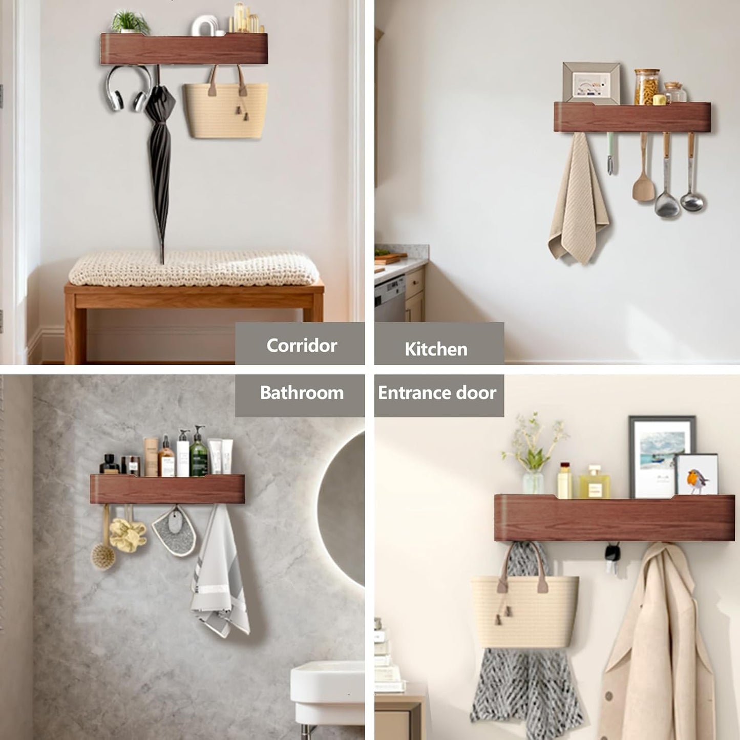 Coat Rack Wall Mount Entryway Organizer Modern Key Holder Wall Mount with Wooden Shelf Entryway Hooks for Bedroom Kitchen Hallway Bathroom for Hanging Coats Hats Bags Towels