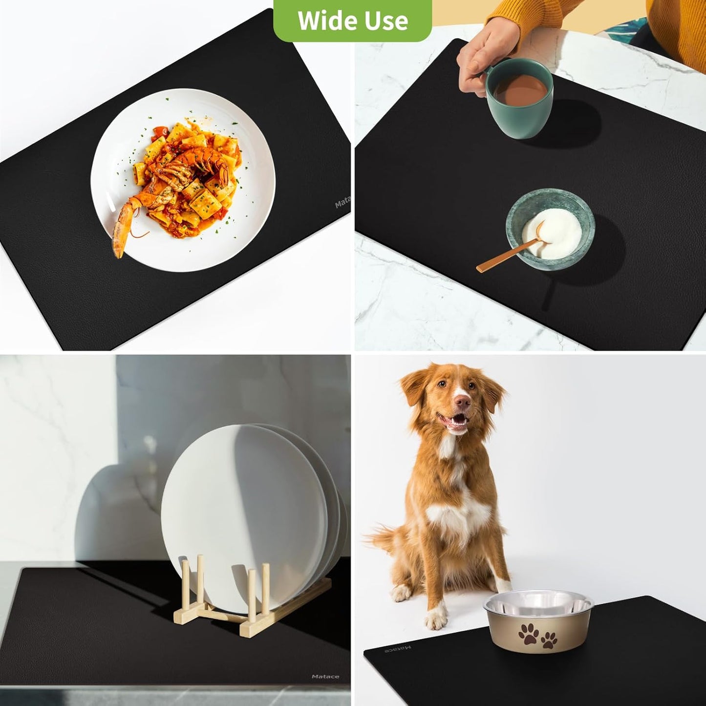 Matace Designer Coffee Bar Mat, Extra Large 17 x 31.5 Inches, Rubber Backing, Absorbent Coffee Maker Mats for Dish Drying, Kitchen Countertop, Heat Resistant, Solid Black