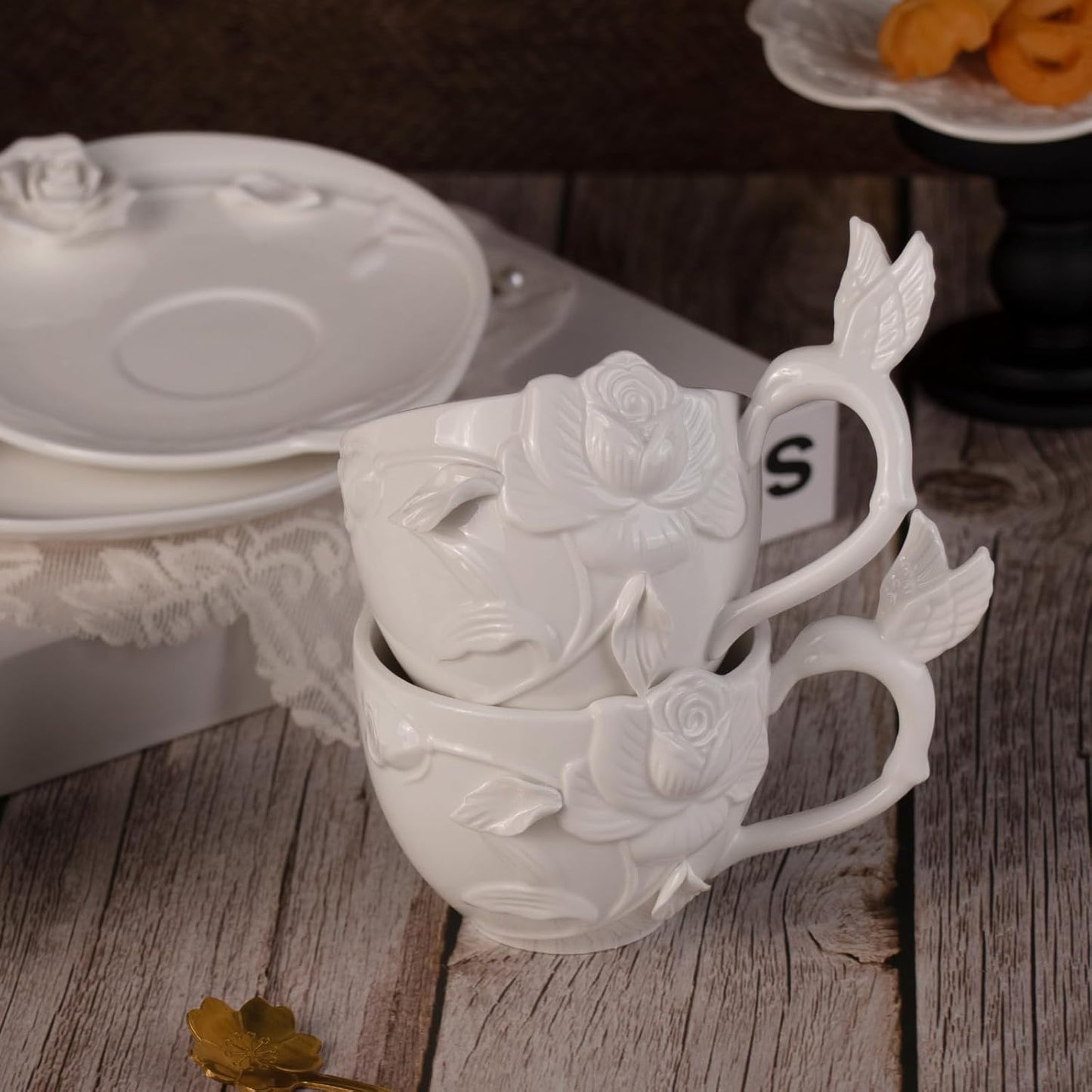 KAMMAK Tea Cups and Saucers Set of 2, Porcelain Coffee Cups, 8.5-Ounce Stackable Espresso Mugs, Ceramic Demitasse for Coffee, Latte, Americano, Tea, Cubic Rose