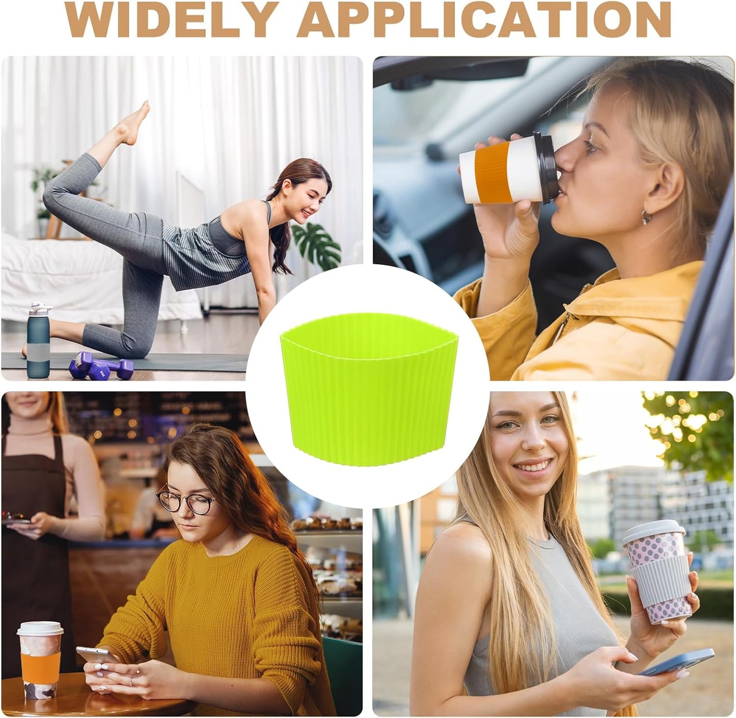 uxcell 6Pack Coffee Cup Sleeves, Reusable Silicone Heat Resistant Cup Protective Sleeve Nonslip Mug Protector Cover for Home Travel Coffee Mug Glasses Water Bottle Boots, Yellow Green