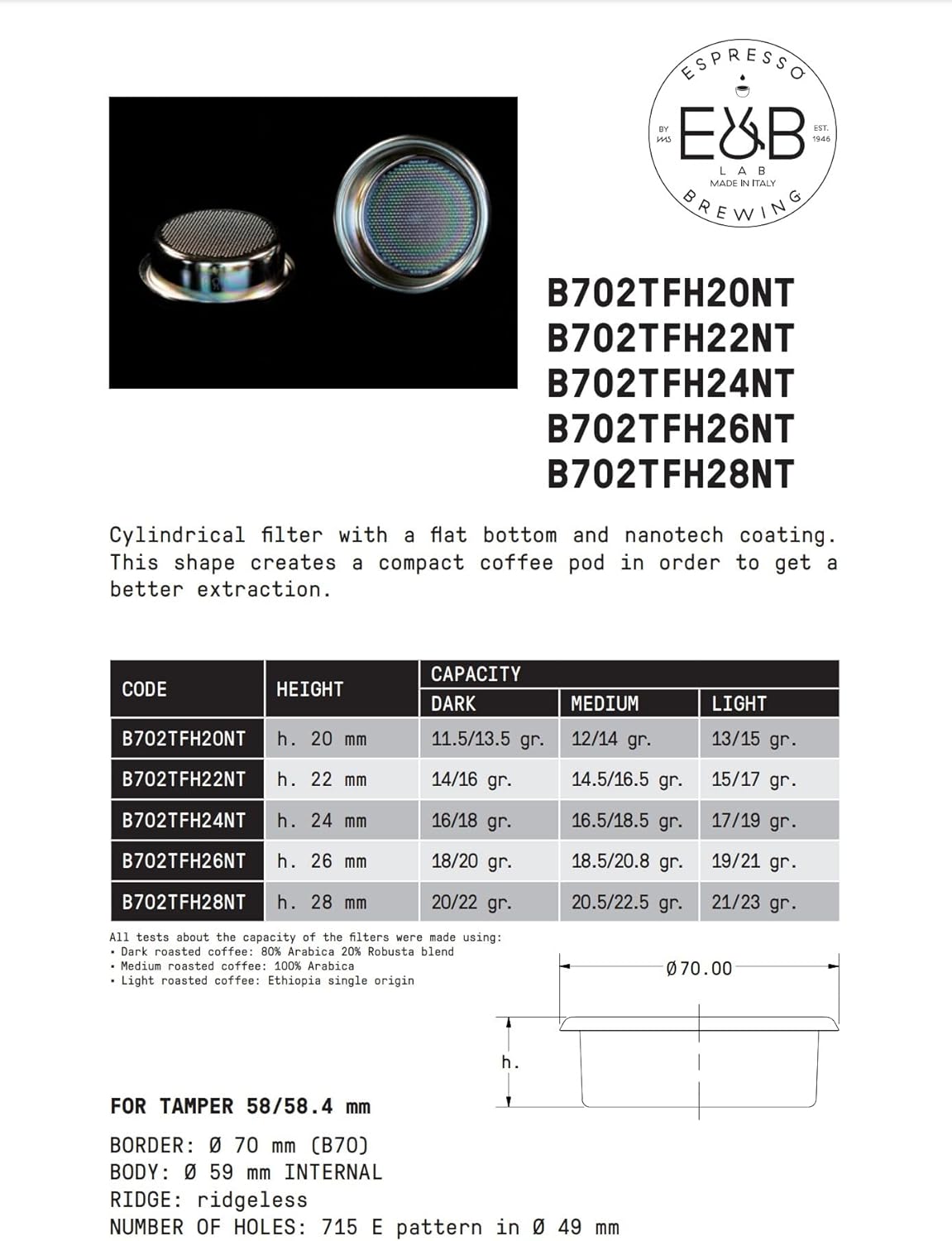 E&B Lab NT (NanoTech) Double Espresso Portafilter Basket 58mm Ridgeless (22) Silver