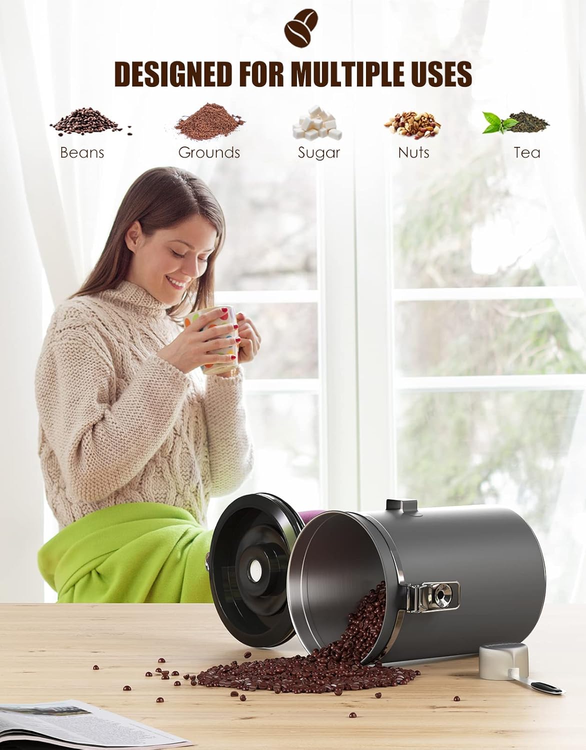 HAIOOU Airtight Coffee Canister, 22OZ +16OZ 2 Piece Stainless Steel Coffee Bean Storage Container with Date Tracker, Measuring Scoop, 6Pcs CO2 Valves, Mini Tongs for Coffee Bean, Grounds - Grey