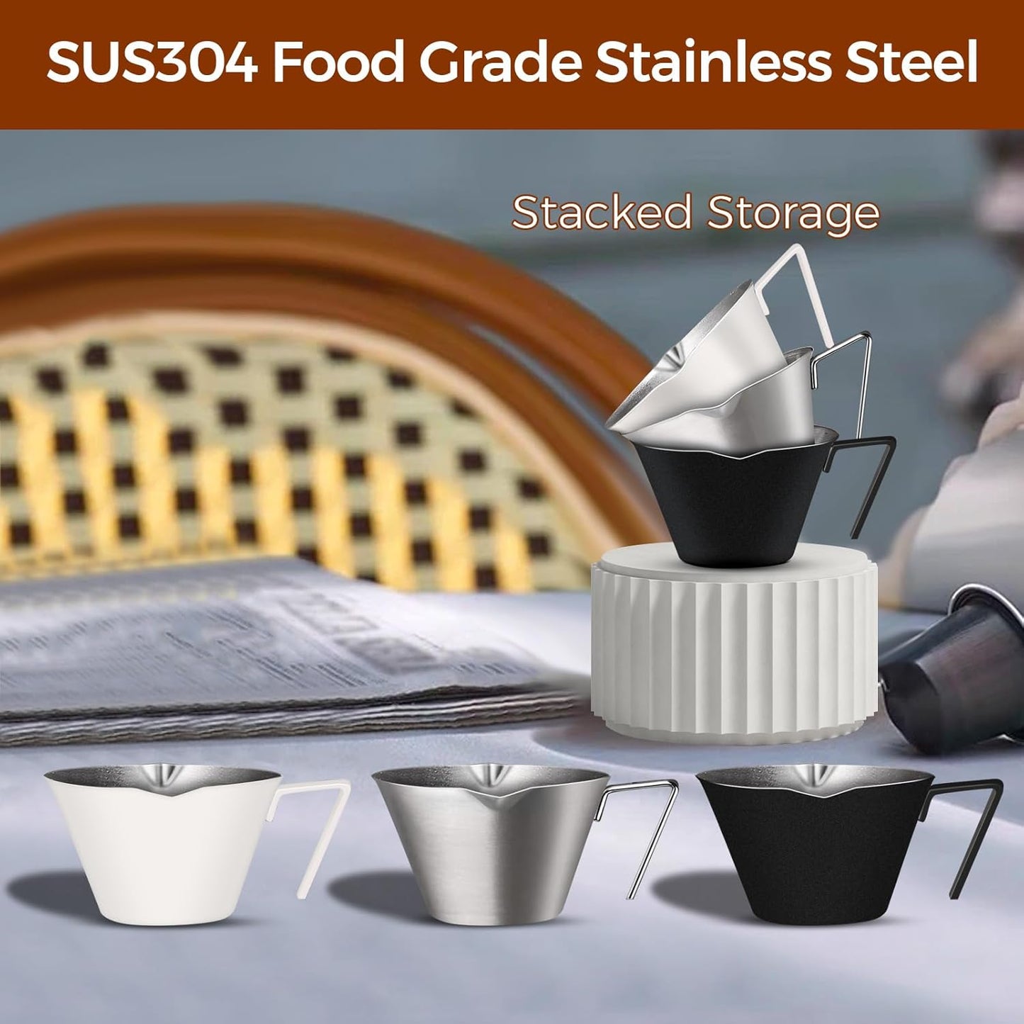 2 Pcs Espresso Cups with Handle, Double Spout Metal Measuring Cup with Dual Scale, Stainless Steel Espresso Shot Cup with V-Shaped Mouth, 3.4oz/100ml(White)