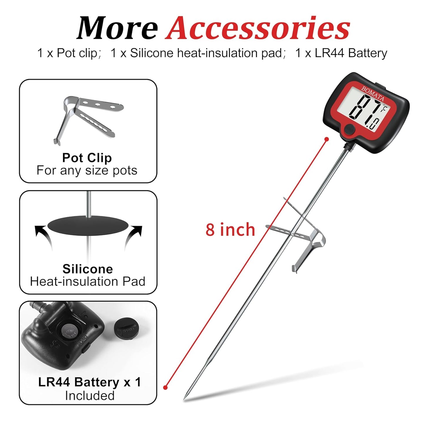 BOMATA Digital Candy Thermometer with Pot Clip, Deep Fry Oil Thermometer with Rotatable Display & Long Probe, for Candy Candle Making, Cooking, Food, Liquids, Water, Sugar.. Black