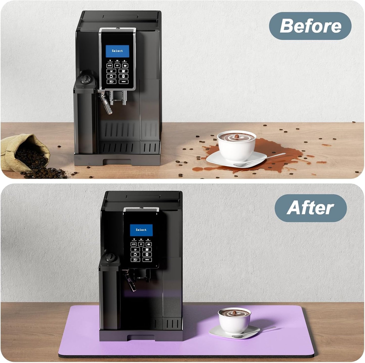 Rnivvi Coffee Mat, 12" x 19" Coffee Bar Mats for Espresso Machine Station Accessories and Organizer, Hide Stain Rubber Backed Absorbent Dish Drying Pad for Kitchen Counter, Cute Bar Decor Pad, Purple