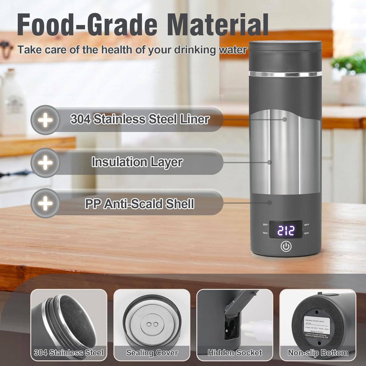 Travel Electric Kettle Portable Mini Kettle,Small Hot Water Boiler with 4 Temperature Settings,304 Stainless Steel,Fast Boiling Water with Auto Shut-Off and Boil Dry Protection,400ml (Grey, 400ml)