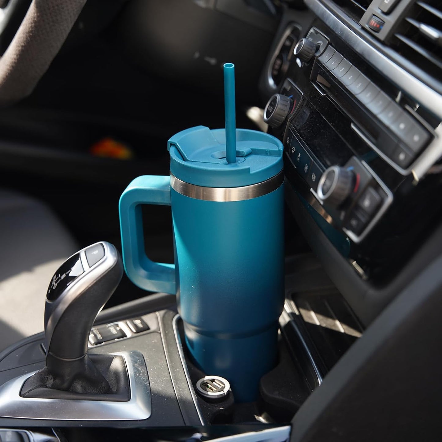 30 oz Tumbler with Handle and 2 Straws,2 in 1 Lid Insulated Water Bottle Stainless Steel Travel Coffee Mug,Navy blue