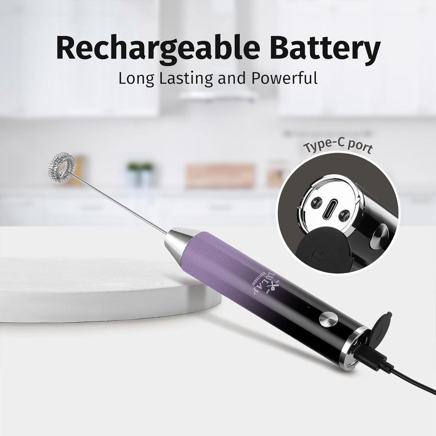 Zulay Kitchen Lux Rechargeable Milk Frother Handheld - Powerful 2-Speed Motor, Fully Waterproof, 2000mAh Battery - Drink Mixer For Latte, Cappuccino, Matcha, Protein Powder - Galaxy