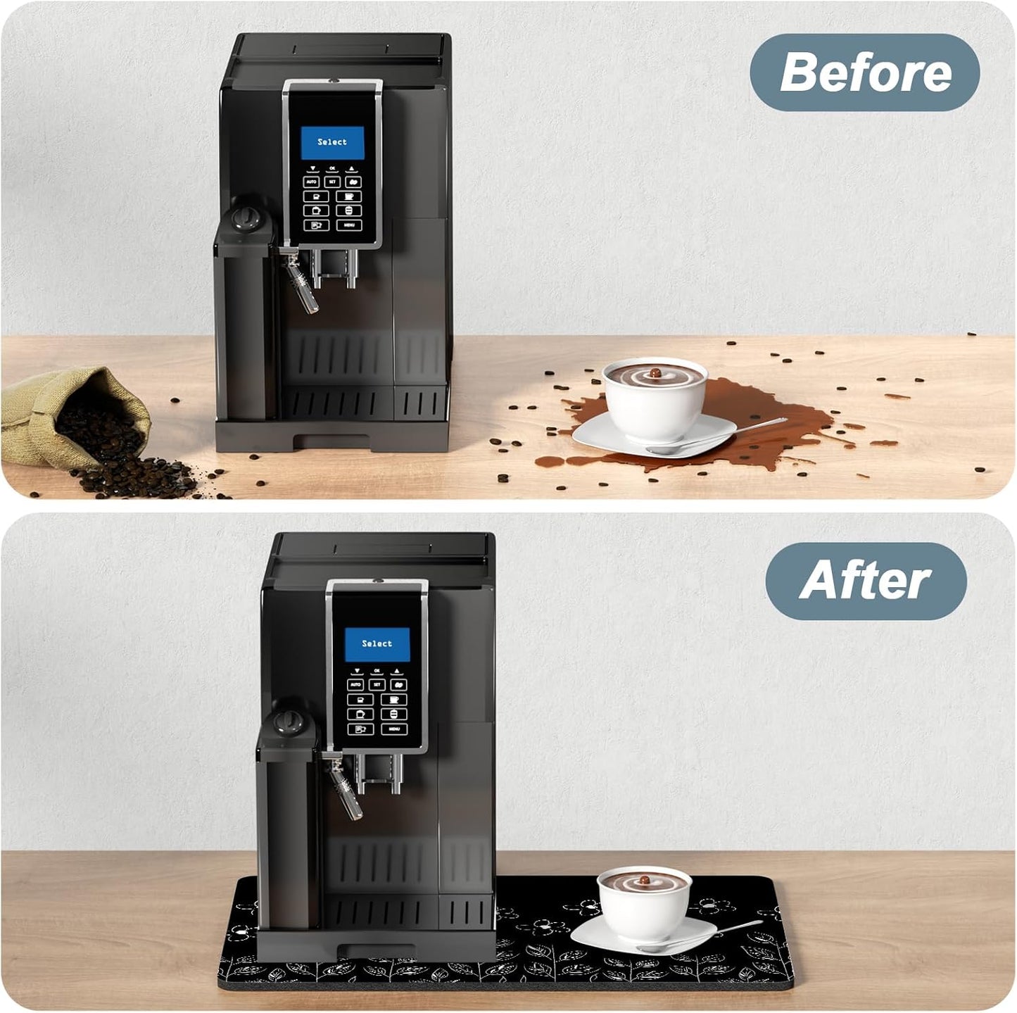 Rnivvi Coffee Mat, 12" x 19" Cute Coffee Bar Mats for Espresso Machine Station Accessories and Organizer, Hide Stain Rubber Backed Absorbent Dish Drying Pad for Kitchen Counter, Black White Flowers