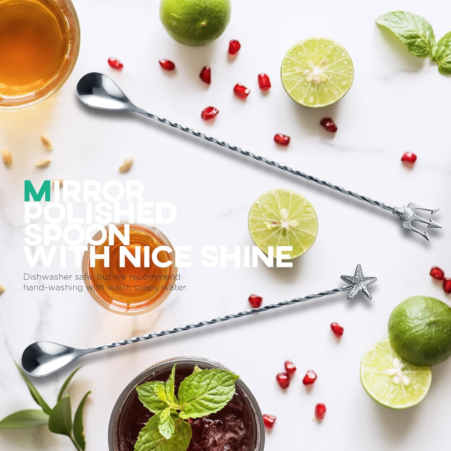 Homestia 12-Inch Ocean Series Bar Spoon, 304 Stainless Steel Cocktail Spoon for Layering Long Spiral Handle Mixing Spoon Stirrers for Drink, 2PCS Silver (Starfish and Trident)