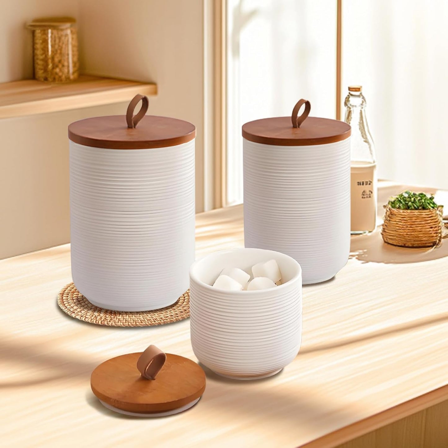 Food Storage Jar Strong Ceramic Storage Canisters with Airtight Wooden Lid,Kitchen Storage Containers for Serving Coffee Beans, Tea, Sugar, Salt, Spices (Big white)