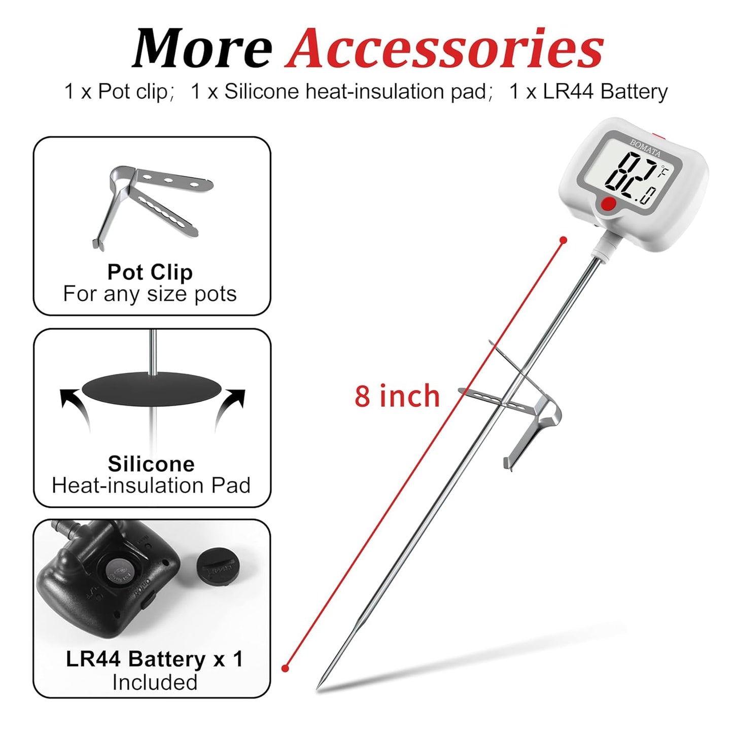 BOMATA Digital Candy Thermometer with Pot Clip, Deep Fry Oil Thermometer with Rotatable Display & Long Probe, for Candy Candle Making, Cooking, Food, Liquids, Water, Sugar.. White