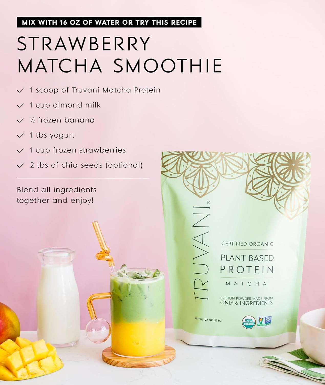 Truvani Vegan Pea Protein Powder | Matcha | 20g Organic Plant Based Protein | 1 Serving | Keto | Gluten & Dairy Free | Low Carb | No Added Sugar