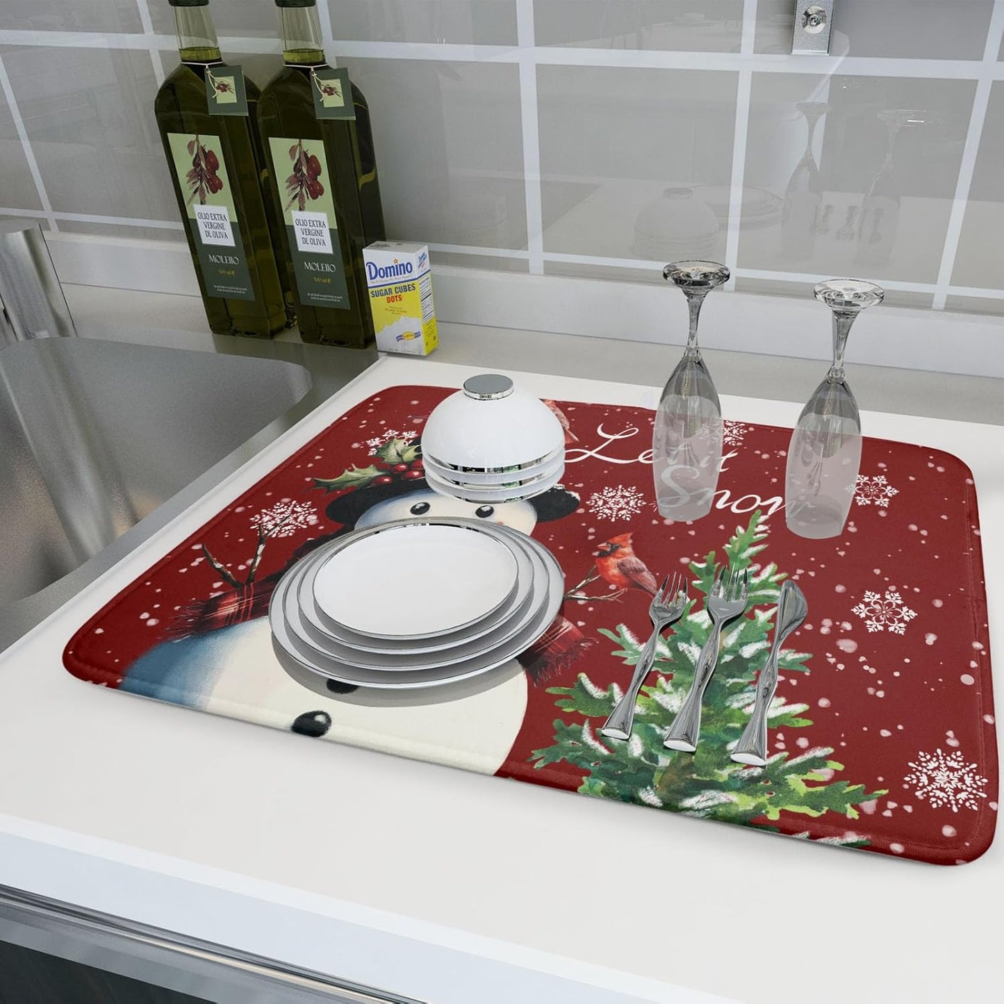Let It Snow Winter Snowflake Red Dish Drying Mat for Kitchen Counter,Xmas Trees Snowman Cardinal Bird Drying Mat 18 x 24 Inch with High Absorbent Microfiber Drainer Mat for Coffee Bar