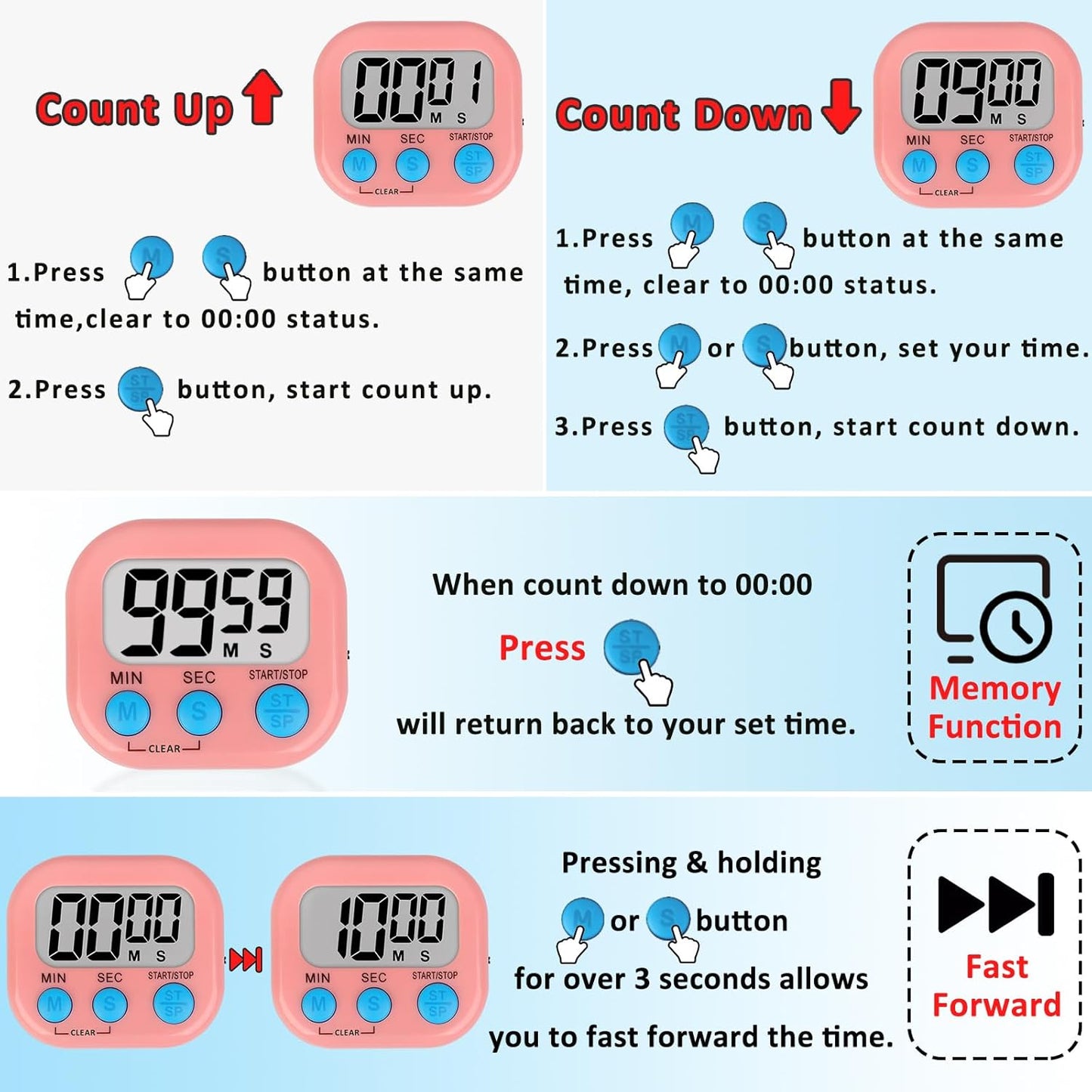 ZILLEEN Classroom Timer for Kids Teachers Digital Timers, Blue Pink 6 Pack