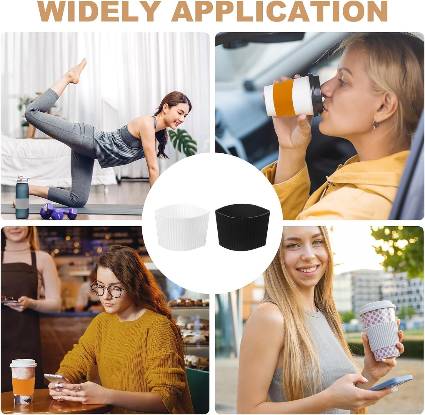 uxcell 6Pack Coffee Cup Sleeves, Reusable Silicone Heat Resistant Cup Protective Sleeve Nonslip Mug Protector Cover for Home Travel Coffee Mug Glasses Water Bottle Boots, White/Black