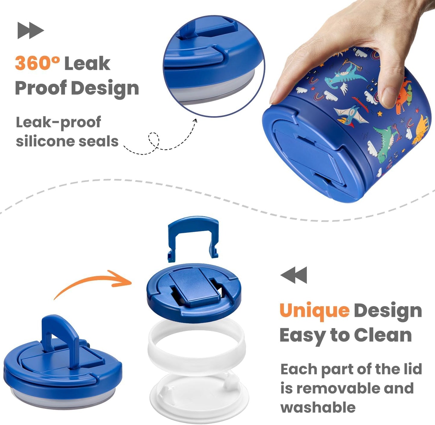 14oz Insulated Vacuum Food Jar with Buckle Lid,Soup Thermo for Hot Food Kids,Wide Mouth Leakproof Stainless Steel Lunch Container with Spoon-Dinosaur