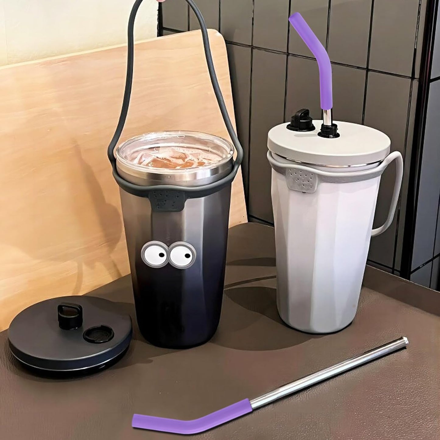 6pcs Food-Grade Silicone Straw Tips, Reusable Metal Straw Elbows Tips, Temperature Resistant Rubber Straw Covers Replacement Tip for 5/16" Stainless Steel Straws - Dark Purple