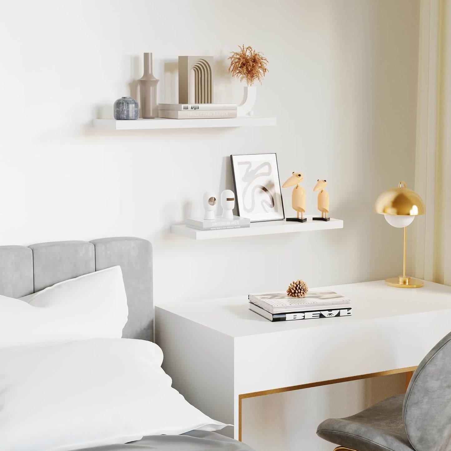 Floating Shelves for Wall, White Wood Wall Shelf Set of 2, 24" Wall Mounted Floating Shelf for Kitchen, Living Room, Bedroom, Bathroom Storage, Book Shelf for Walls Home Decor, Frame Display