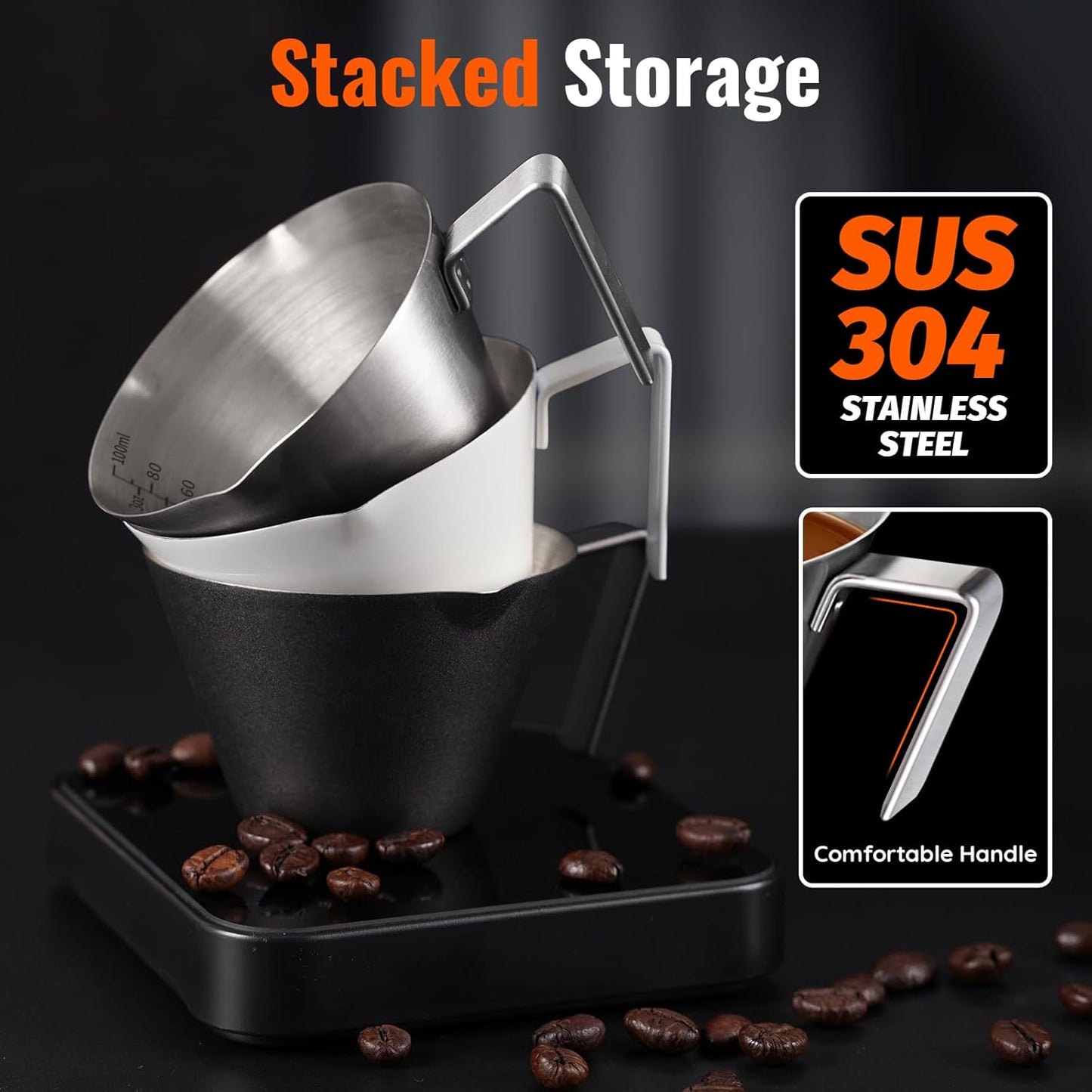 YARRAMATE Espresso Cup with Handle, Stainless Steel Espresso Accessories, Double Spout Metal Measuring Cup with Dual Scale, Espresso Shot pitcher with V-Shaped Mouth, 3.4OZ/100ML