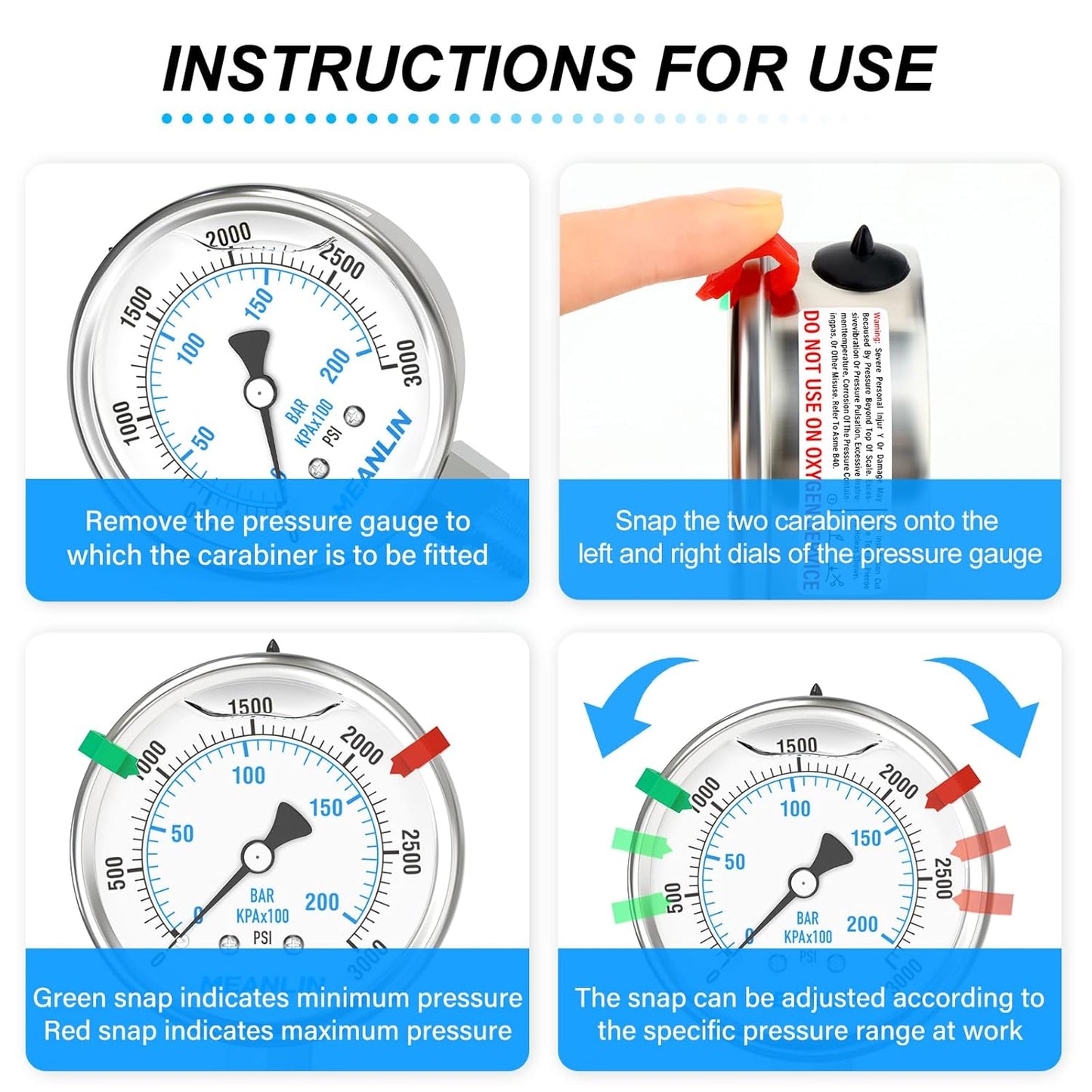 MEANLIN MEASURE 0~3000Psi Stainless Steel Liquid Filled Pressure Gauge 2.5" FACE DIAL 1/4" NPT for WOG Water Oil Air Lower Mount with Stainless Steel Hex Bushing and Snaps