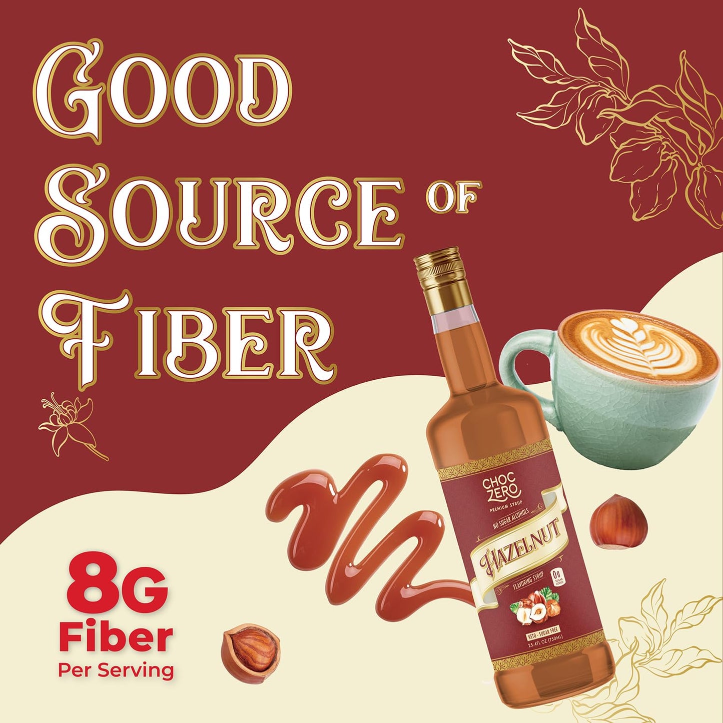 ChocZero Sugar Free Hazelnut Syrup for Coffee - Keto Flavoring Syrups - Low Calorie Simple Syrup for Flavored Drinks – 25.4 Fluid Ounces