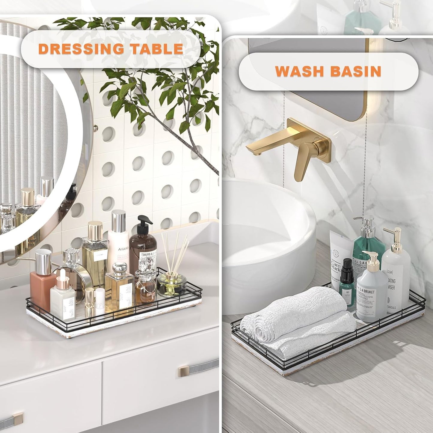 Bathroom Toilet Tank Tray, 13" Wood Toilet Paper Storage Basket Tray Back of Toilet Basket Organizer,Vanity Tray for Perfume Makeup Candle Decor, Black & Farmhouse White